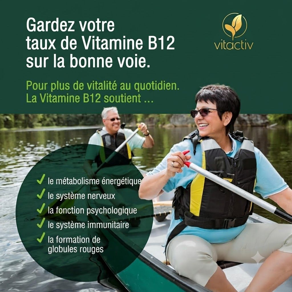 Une main tient un flacon en verre brun foncé de comprimés de Vitamine B12. À gauche : Liste des caractéristiques de qualité comme haute dose, végétalien, sans gluten.
