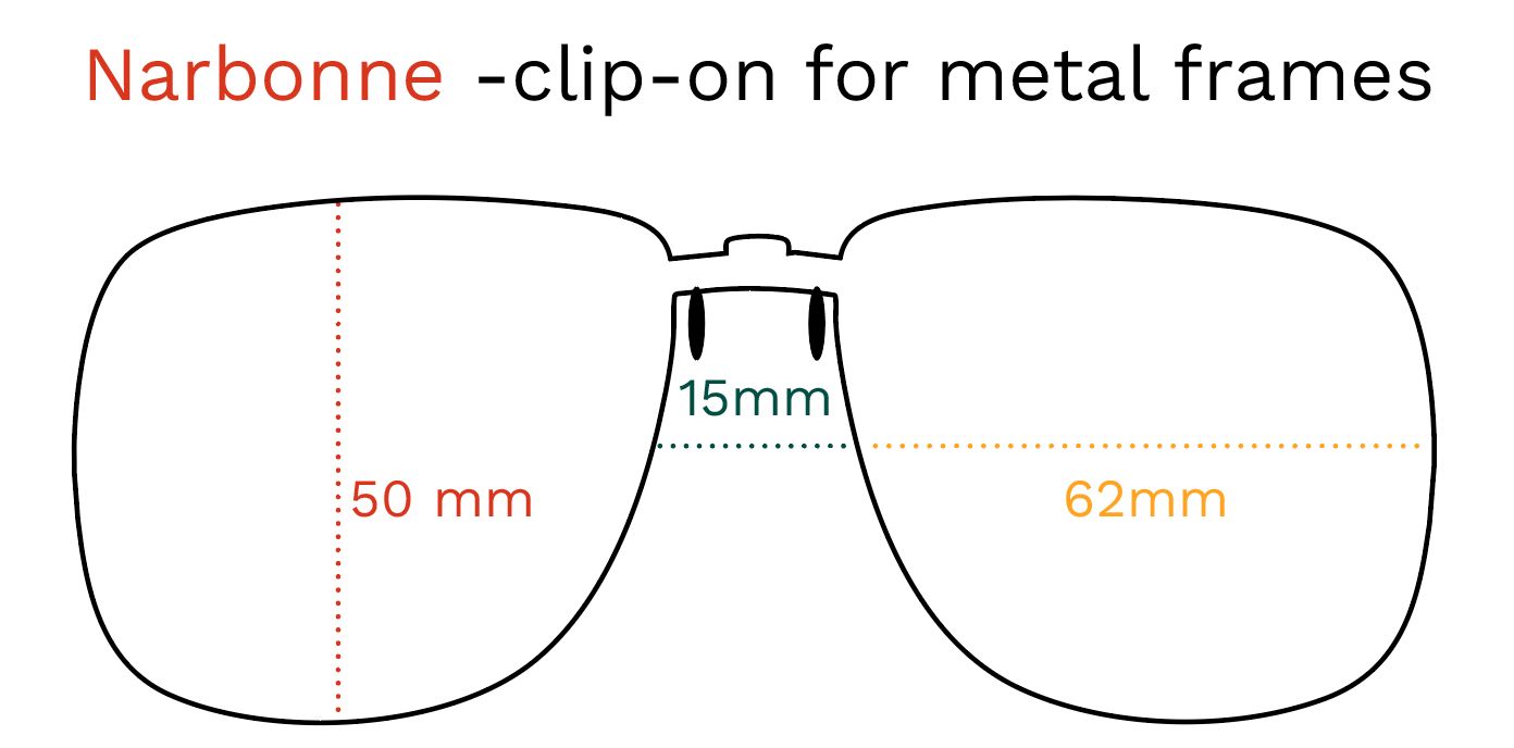 Narbonne clip-on pour montures métalliques. Dimensions: 50mm, 62mm, 15mm. Présenté dans un schéma.
