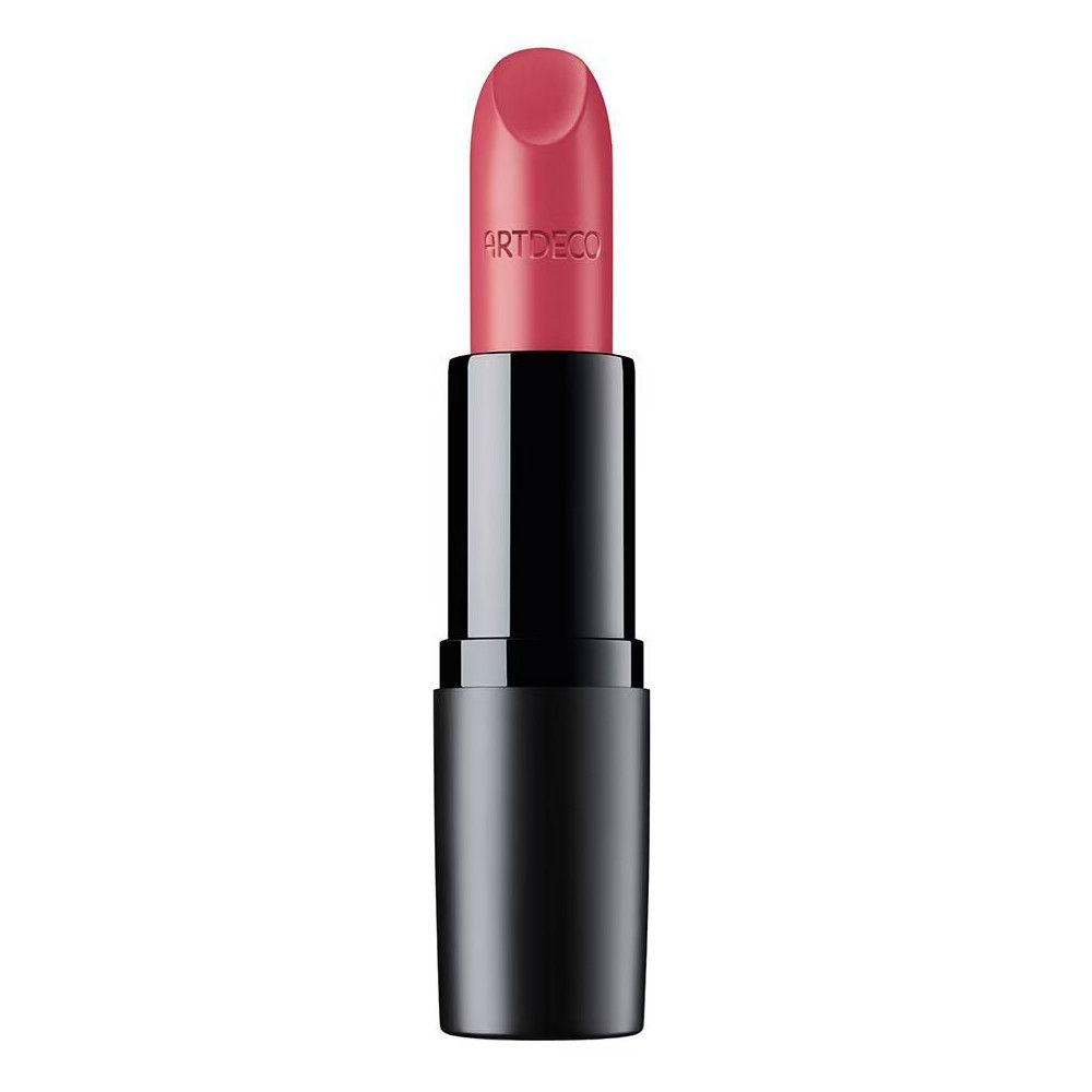 Roze lipstick met zwarte houder. Op witte achtergrond. Artdeco belettering zichtbaar.