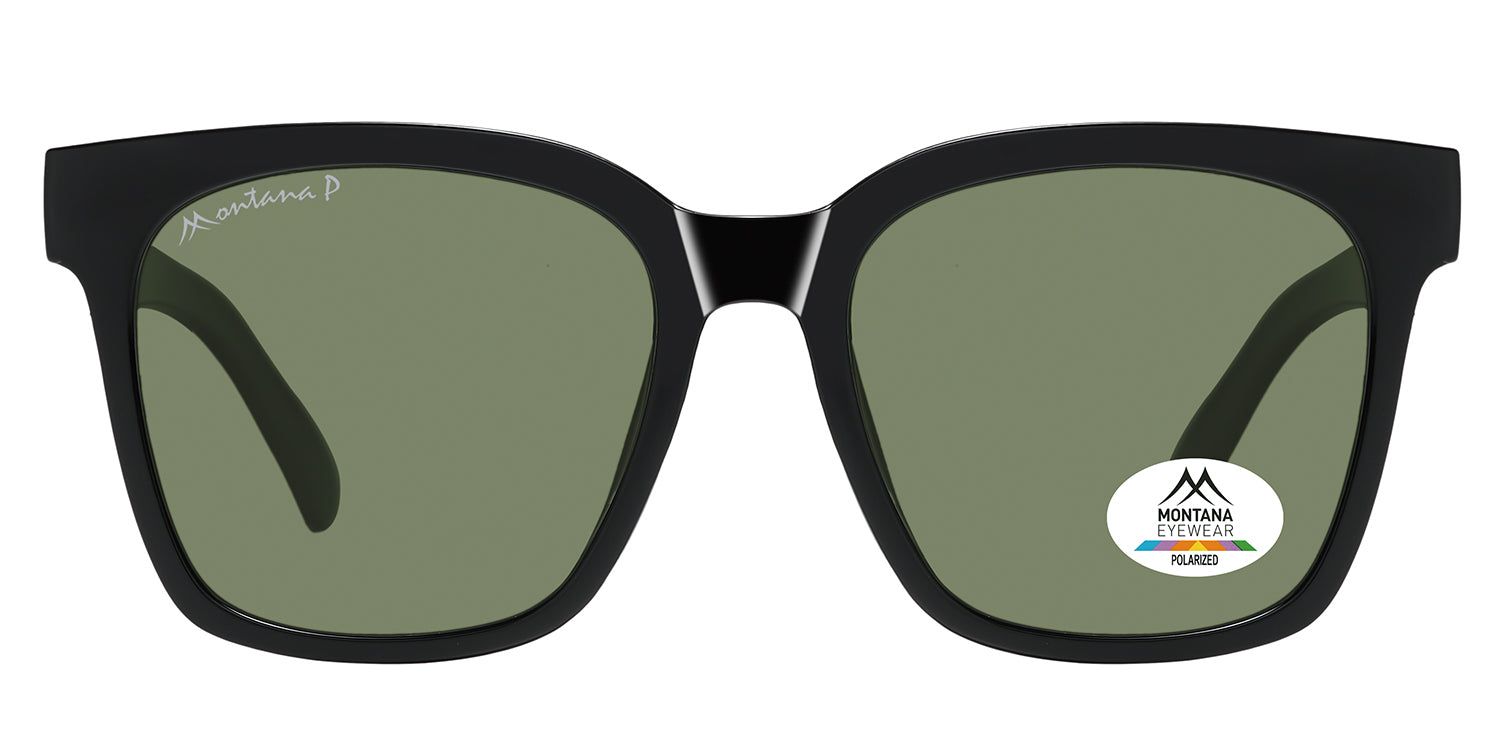 Lunettes de soleil noires à verres verts. Logo Montana Eyewear sur la branche gauche et un verre. Polarisées.