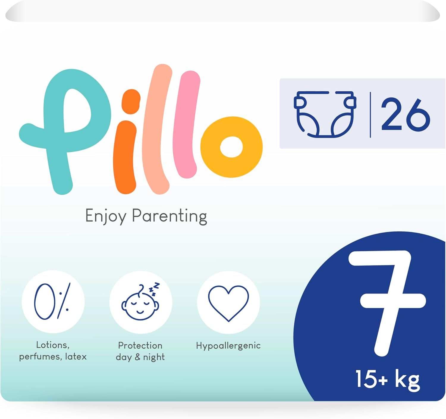Verpakking Pillo luiers, maat 7, 15+ kg. Logo, iconen voor kenmerken: 0%, bescherming, hypoallergeen. 26 stuks.