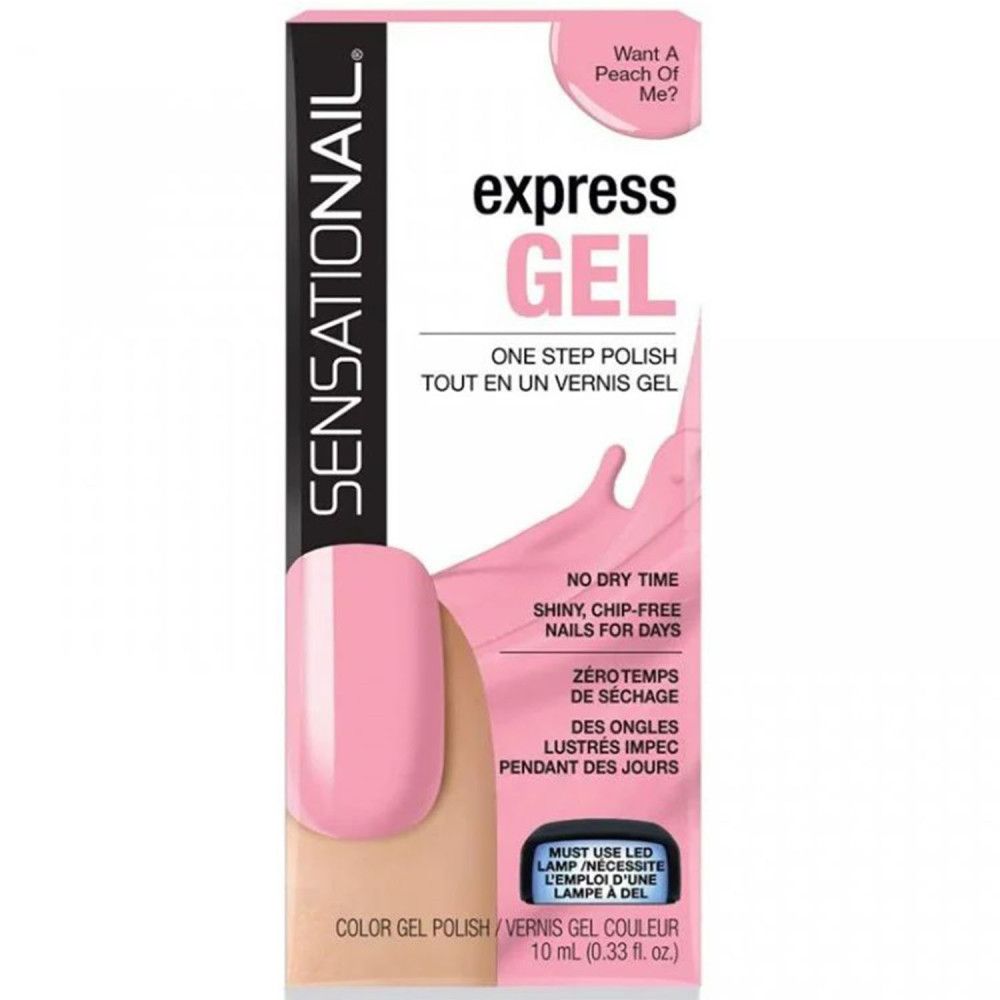 Emballage de vernis à ongles gel Sensationail Express. Couleur rose. Contient des informations sur les caractéristiques et l'utilisation.