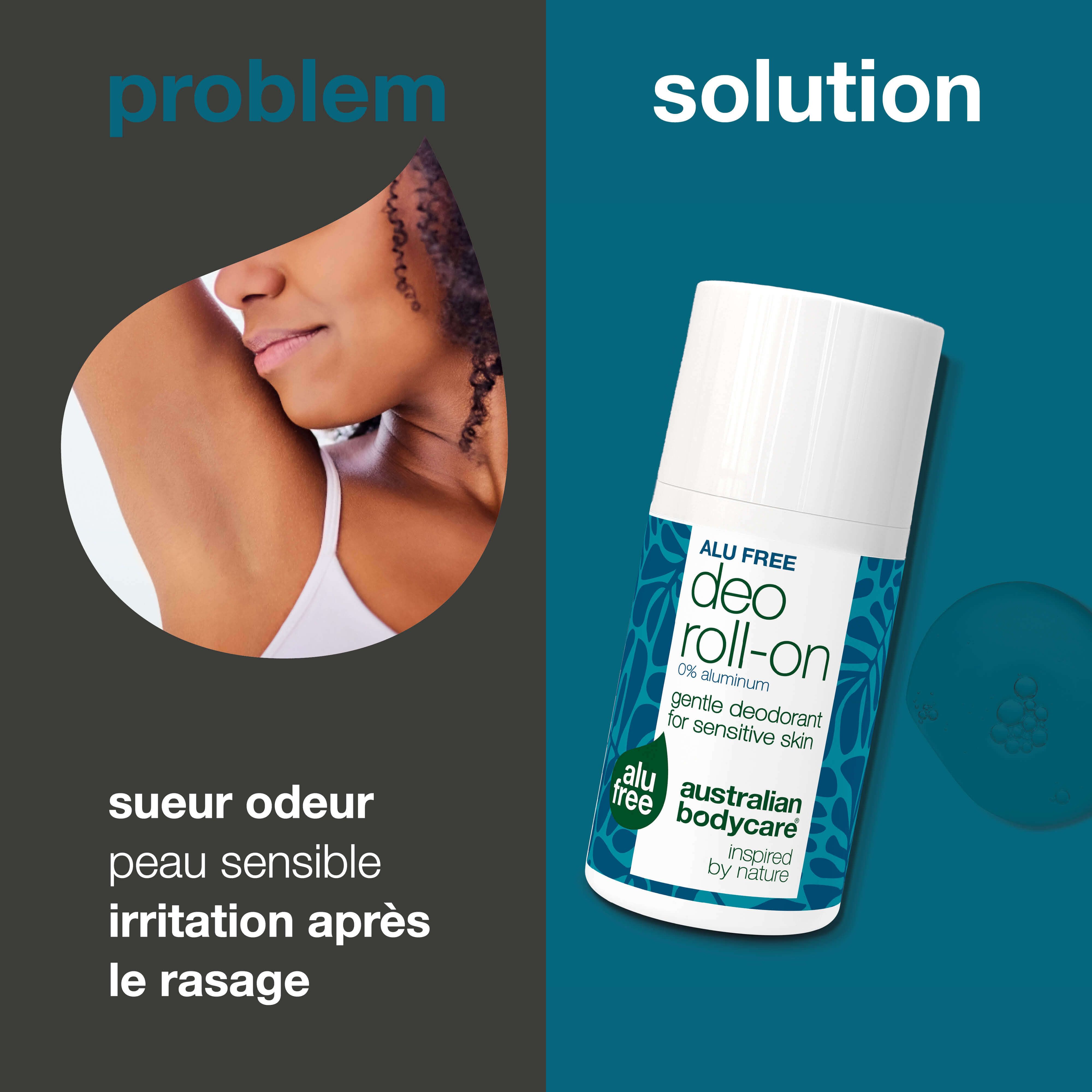 Roll-on déodorant à côté d'une aisselle. Texte : Odeur, peau sensible, irritation après rasage. Solution : Roll-on.