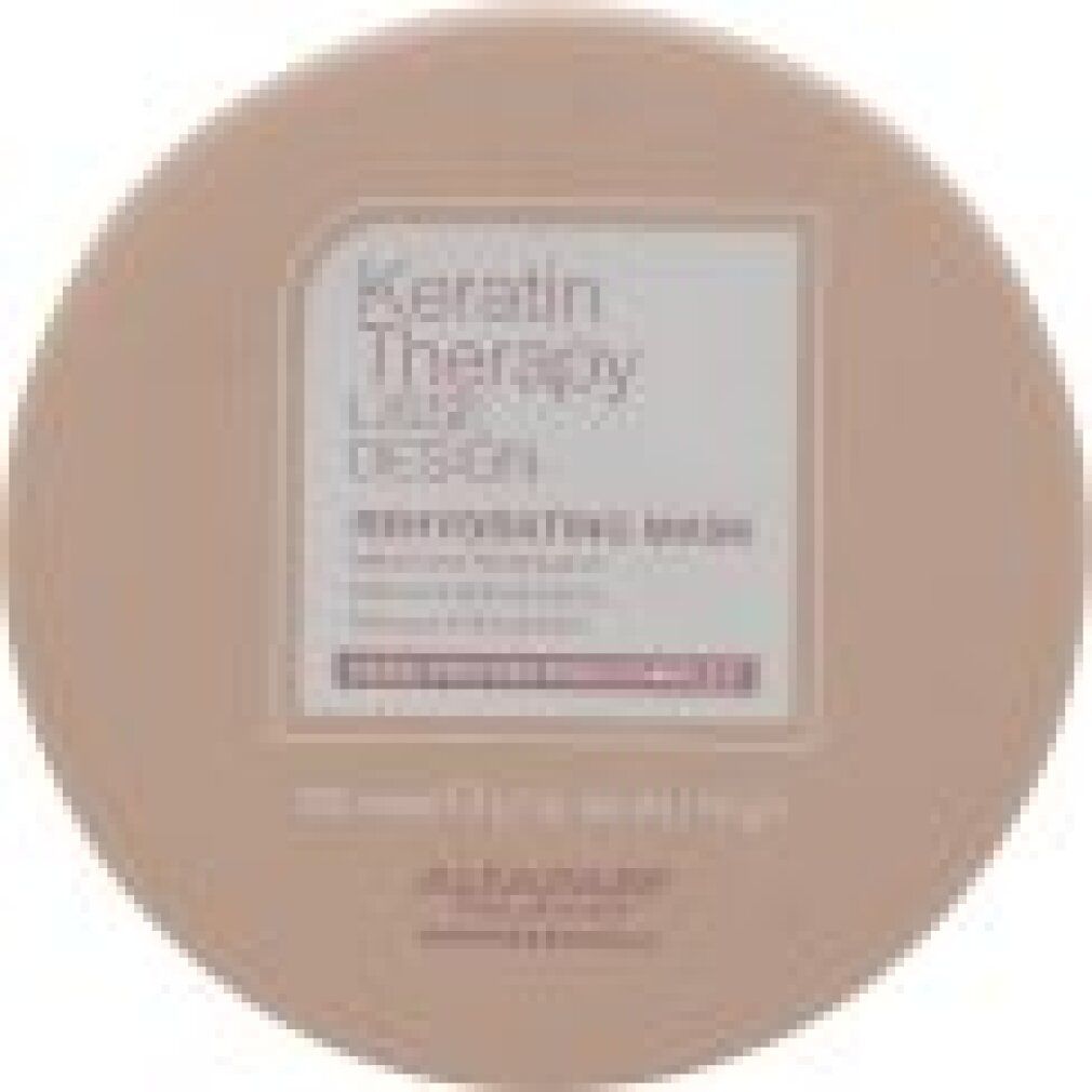 Pot met deksel, bovenaanzicht. Opschrift: Keratin Therapy LISSE DESIGN REHYDRATING MASK. Merk: Alfaparf Milano.