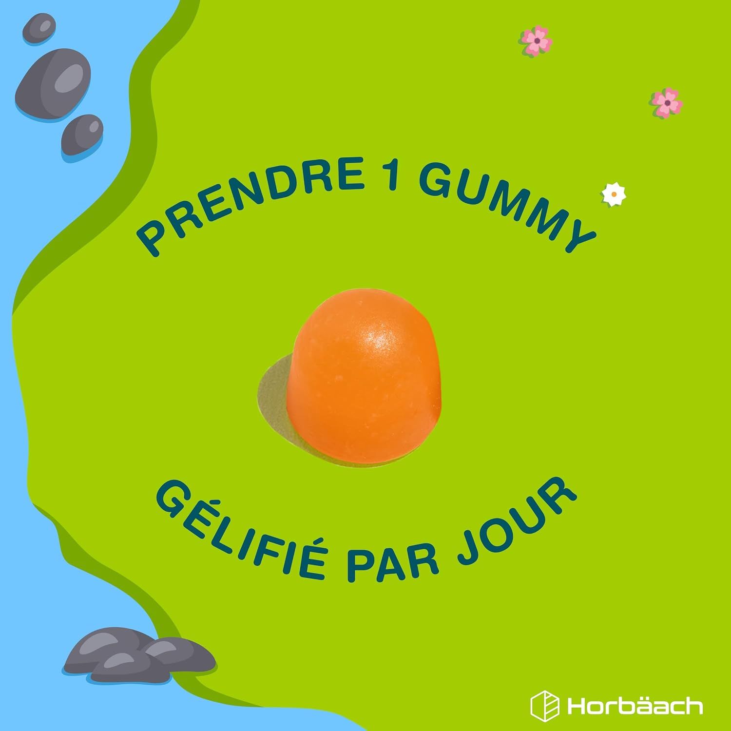 Une gomme orange sur fond vert avec des éléments d'eau bleue et de pierres.