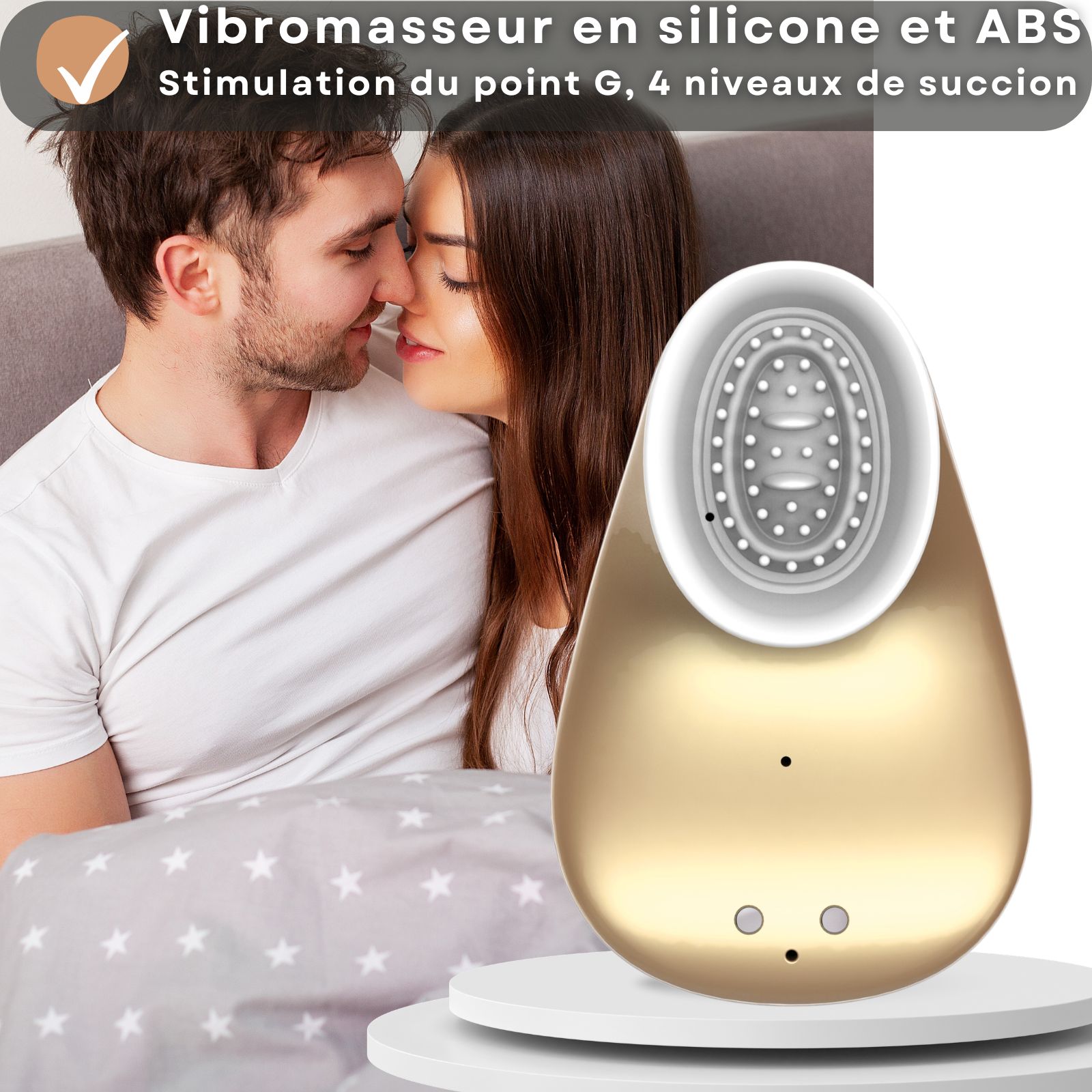 Vibrateur doré avec tête d'aspiration blanche, 10 modes de vibration, rechargeable par USB.