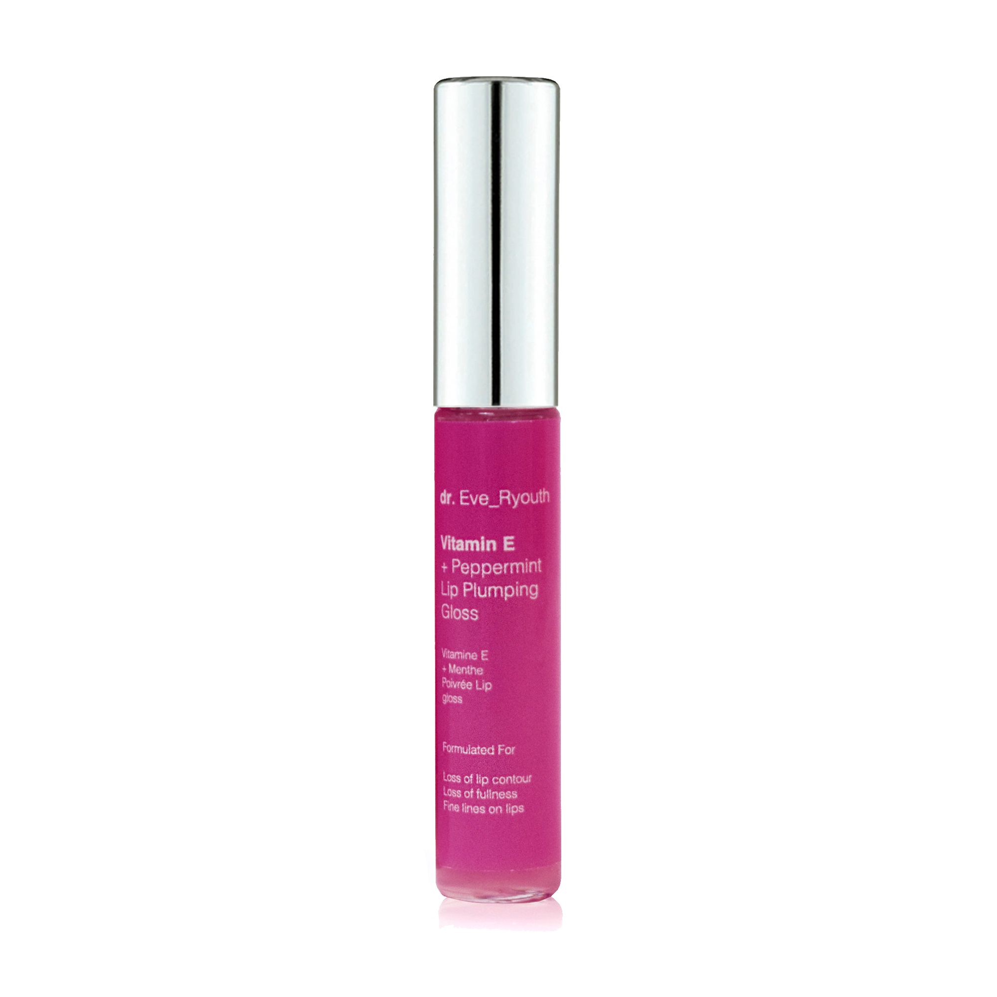 Gloss à lèvres rose avec bouchon argenté. Inscription: Dr. Eve_Ryouth, Vitamine E + Menthe poivrée Lip Plumping Gloss.