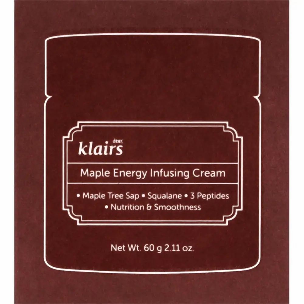 Bruine verpakking met witte opschrift. Opschrift: Dear Klairs Maple Energy Infusing Cream. Bevat esdoorn, squalaan en peptiden.