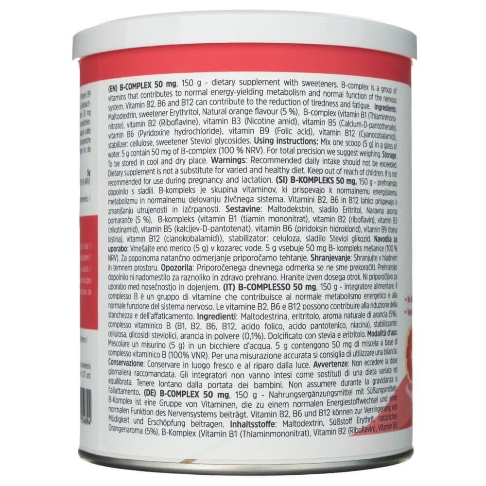 B-COMPLEX 50 mg 150 g voedingssupplement met zoetstoffen. Bevat B-vitaminen.