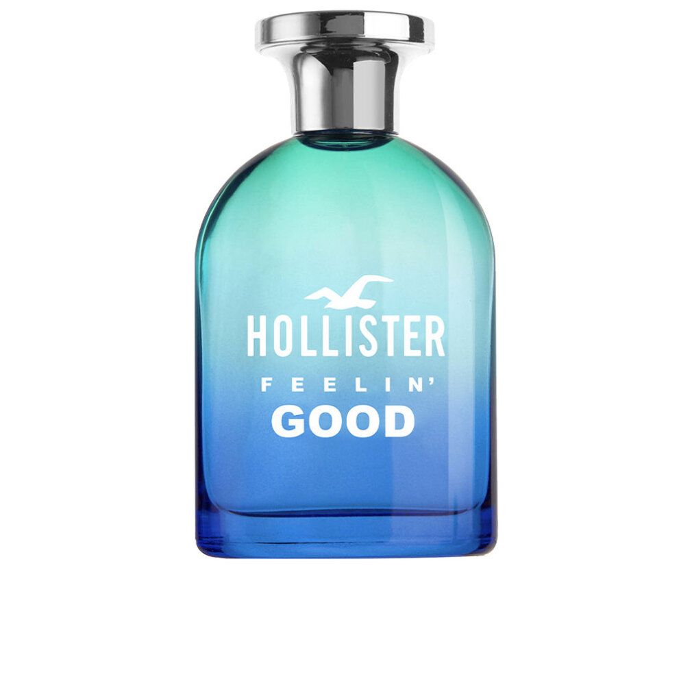 Flacon bleu-vert avec bouchon argenté. Inscription: Hollister Feelin' Good.