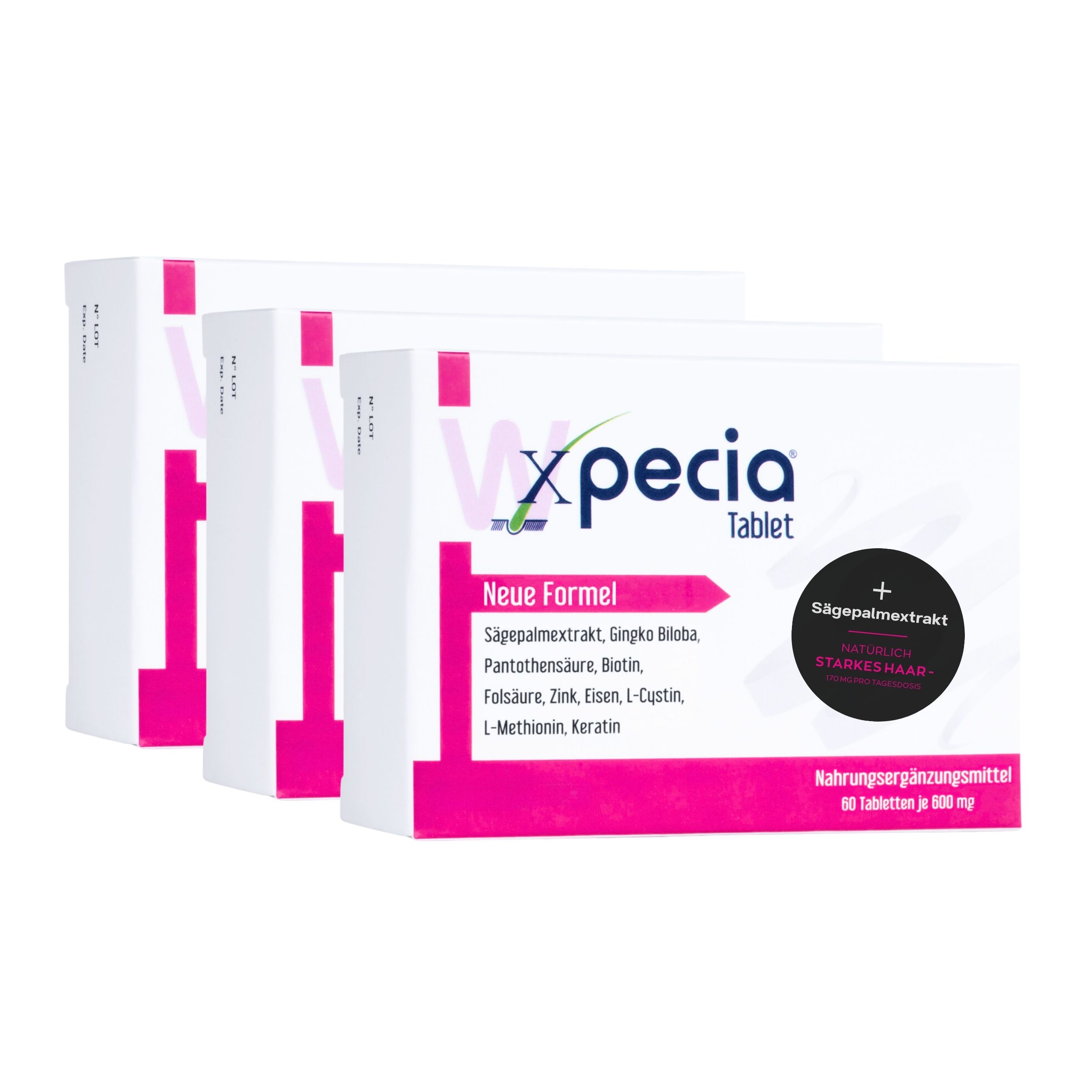 Drie dozen Xpecia tabletten. Witte verpakking met roze accenten. Tekst: Nieuwe formule, voedingssupplement.
