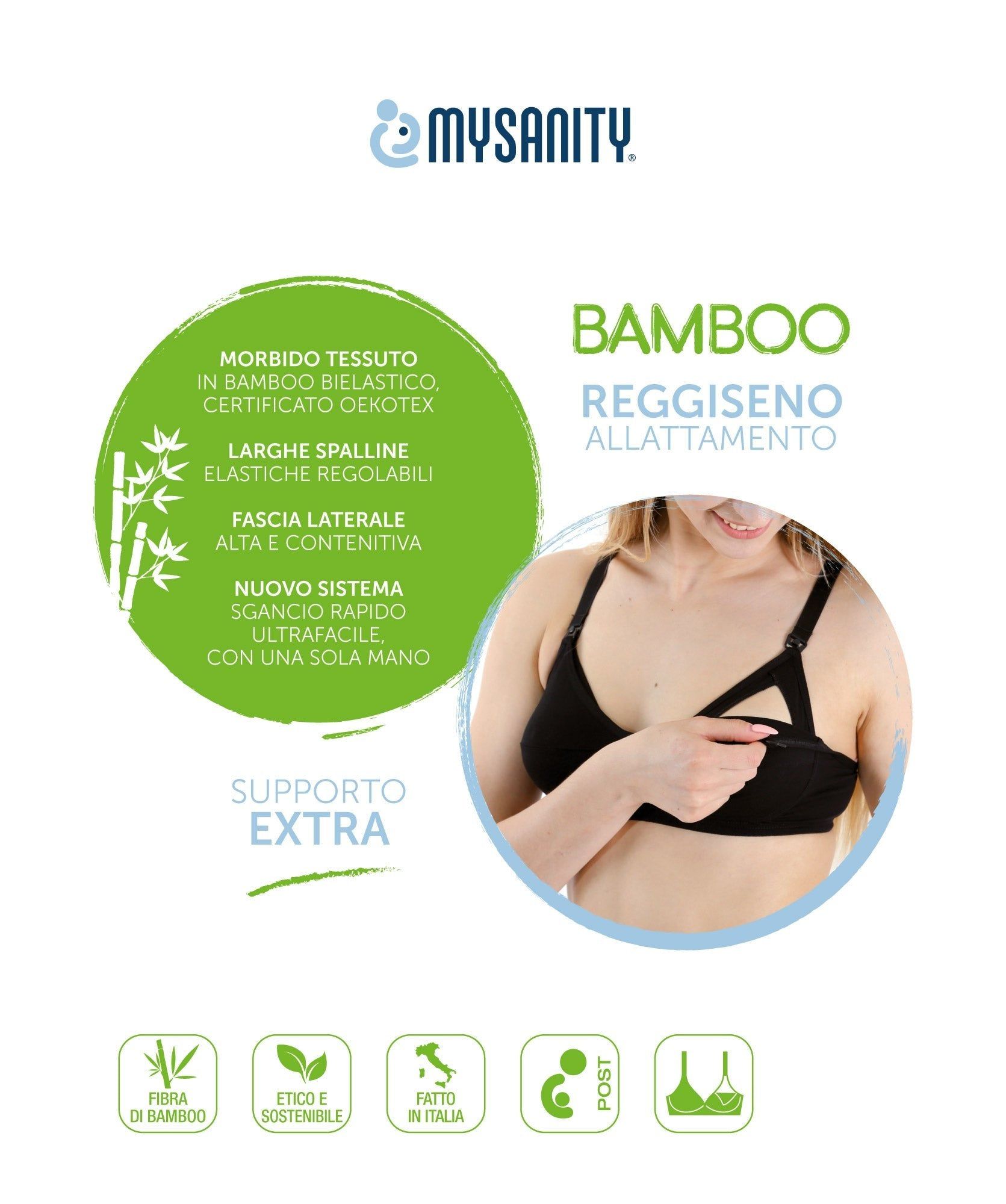Zwarte voedingsbeha met cup C. Tekst: MYSANITY, Bamboo, extra ondersteuning. Certificeringen en iconen.