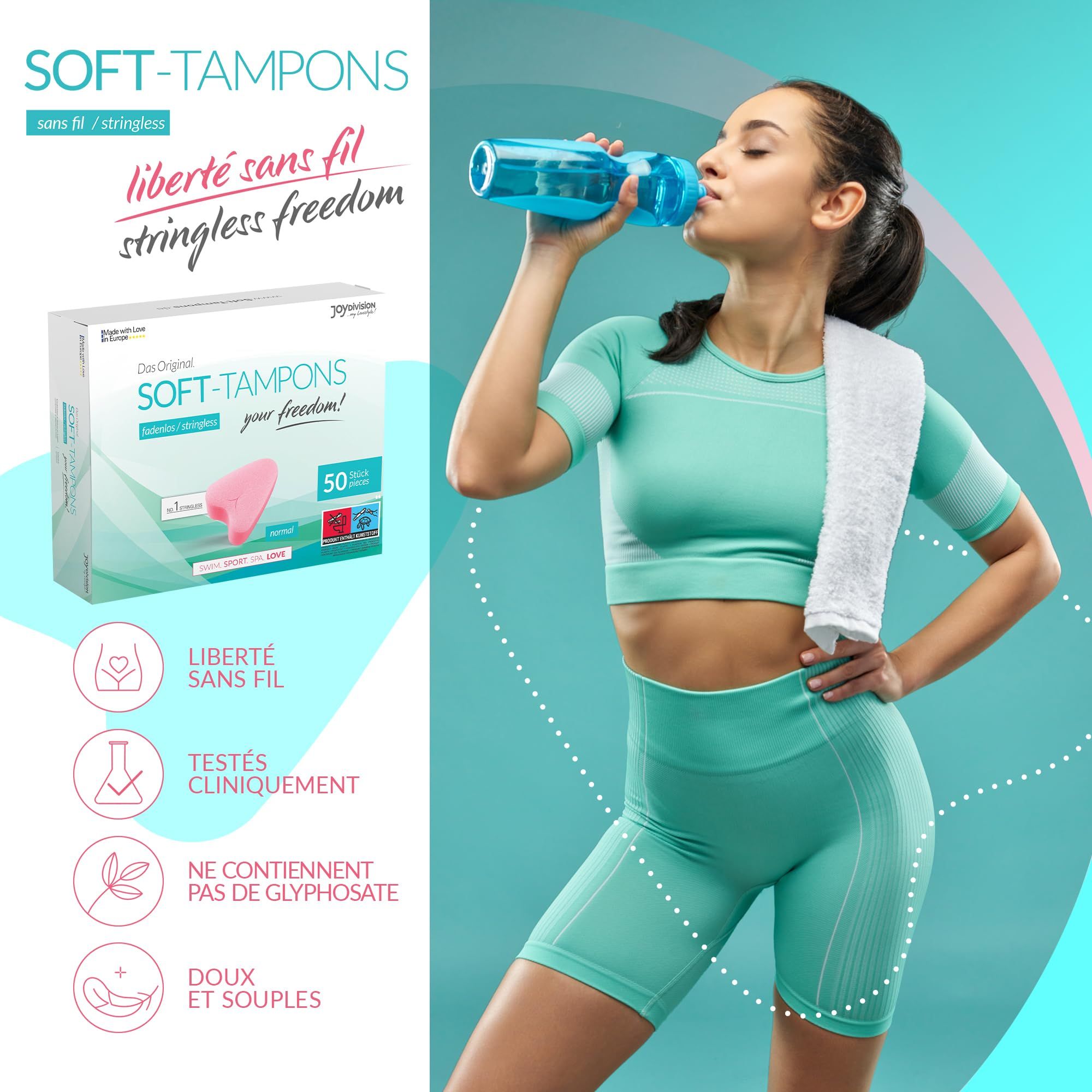 Boîte de 50 Soft-Tampons, normal, sans fil. Un tampon rose est représenté.