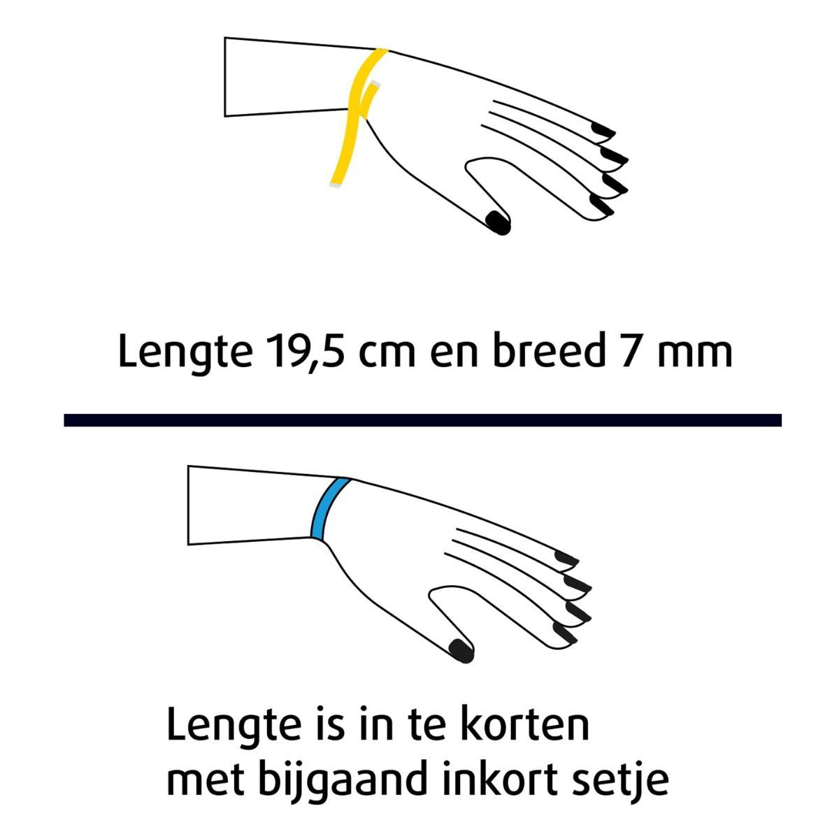 Grafische weergave van een pols met gele en blauwe markering. Tekst: Lengte 19,5 cm en breed 7 mm.