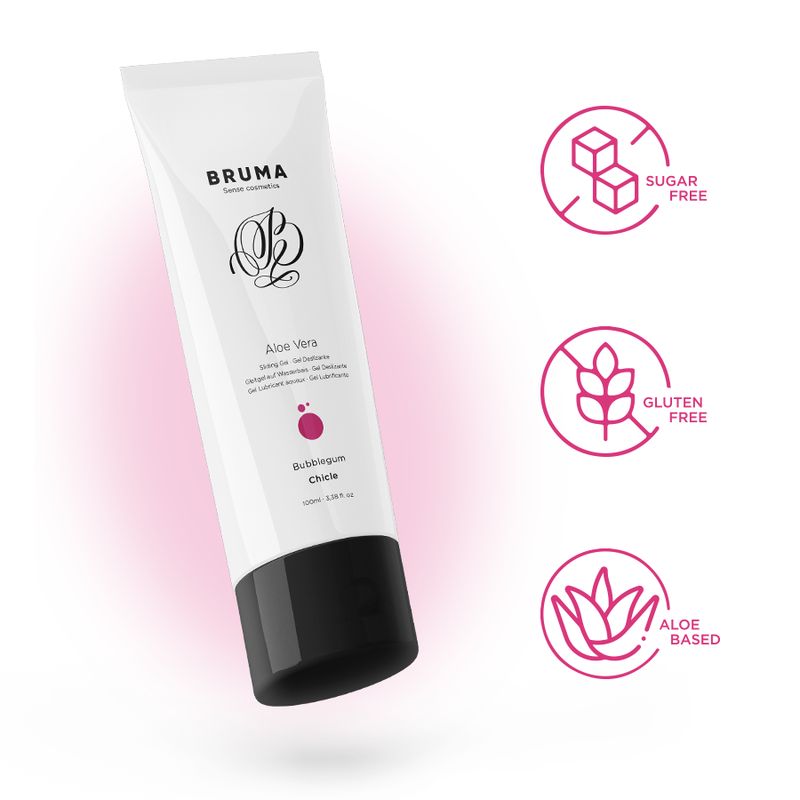 Bruma glijmiddel Aloë Vera, Bubblegum smaak, 100ml tube, met zegels: Suikervrij, Glutenvrij, Aloë Vera basis.