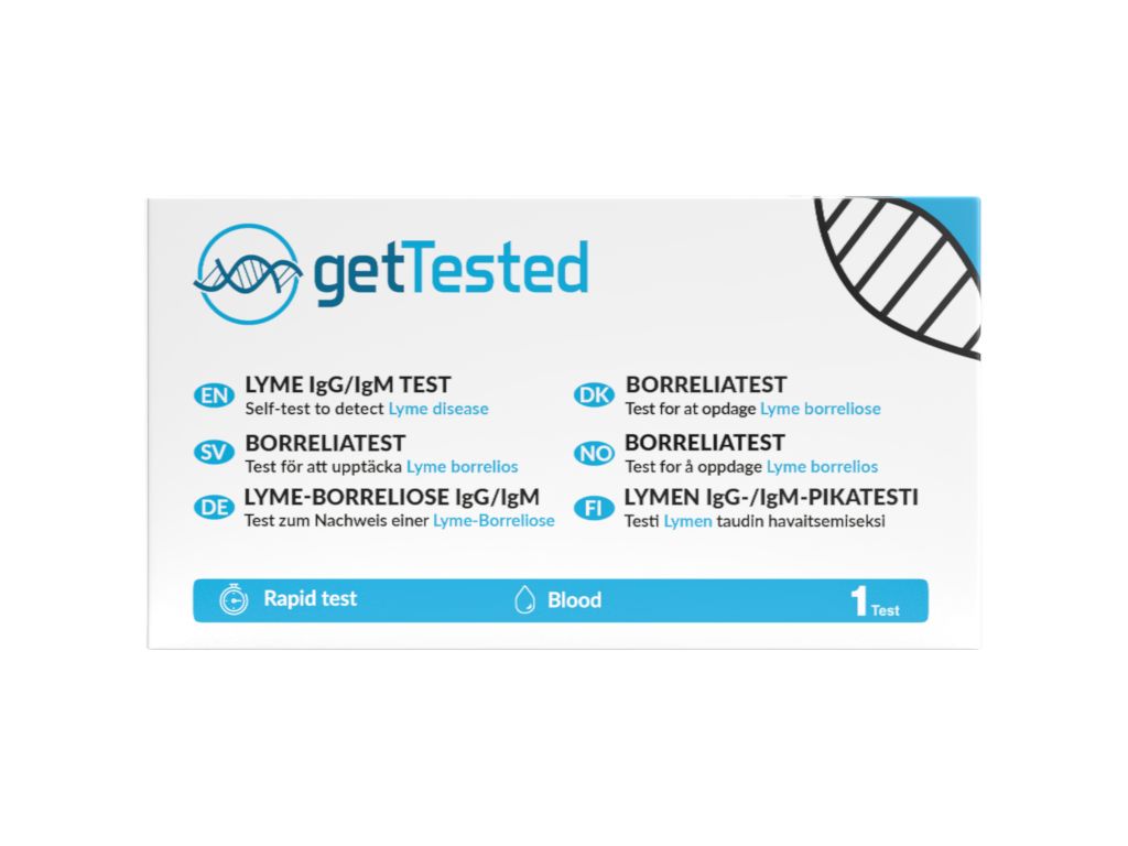 Emballage blanc avec logo bleu 'getTested' et texte : Test Lyme IgG/IgM, Test Borréliose, Test rapide, Sang. Contient un test.