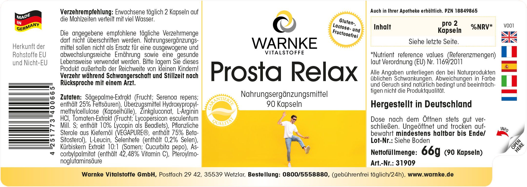 Étiquette avec texte. Inscription "Prosta Relax". 90 gélules. Contient des informations sur les ingrédients et les valeurs nutritionnelles.