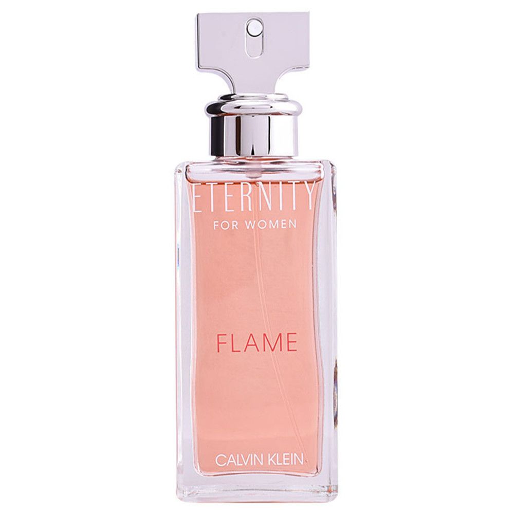 Flacon de parfum rectangulaire, liquide rose. Vaporisateur argenté. Inscription: Eternity Flame, Calvin Klein.