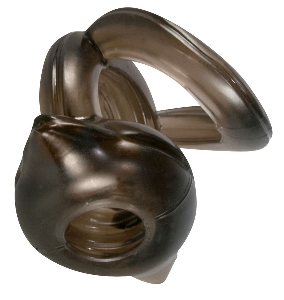 Trio de bagues péniennes/testiculaires gris foncé. Composé de deux anneaux et un élément avec ouverture. Rainures internes.