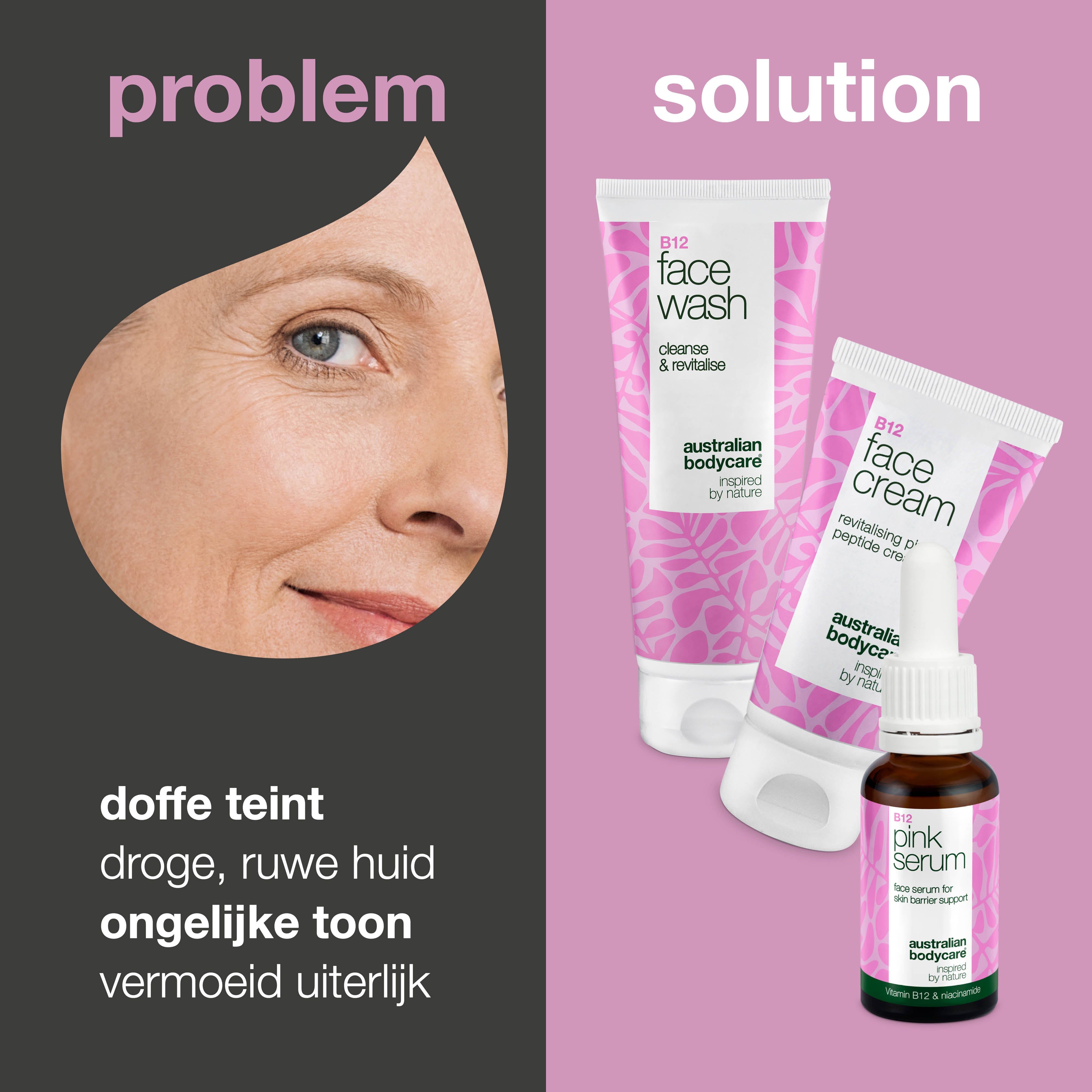 Vergelijking van huidproblemen en oplossingen. Face Wash, crème en serum. Merk: Australian Bodycare. Nederlandse tekst.
