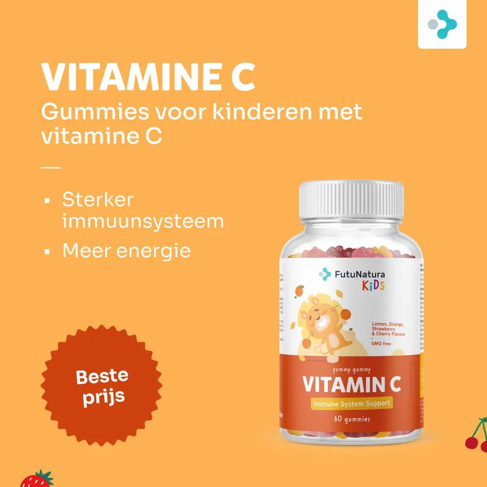 Flesje vitamine C gummies. Label: logo, "KIDS", "Vitamin C", "60 gummies". Op oranje achtergrond: "Beste prijs".