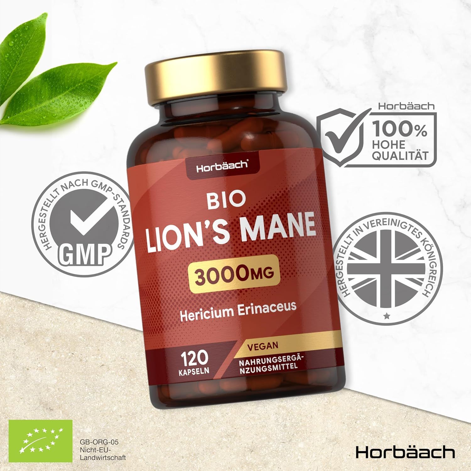 Bruine fles met capsules. Tekst: BIO LION'S MANE 3000mg, 120 capsules, Vegan. GMP-standaard, Hoge kwaliteit, Gemaakt in UK.