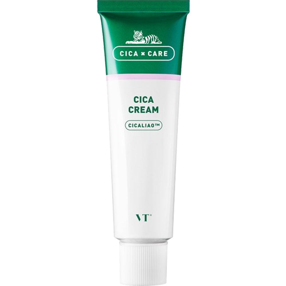 Tube blanc et vert. Inscription: CICA CREAM, CICALIAO. Marque: VT. Emballage vert et blanc.