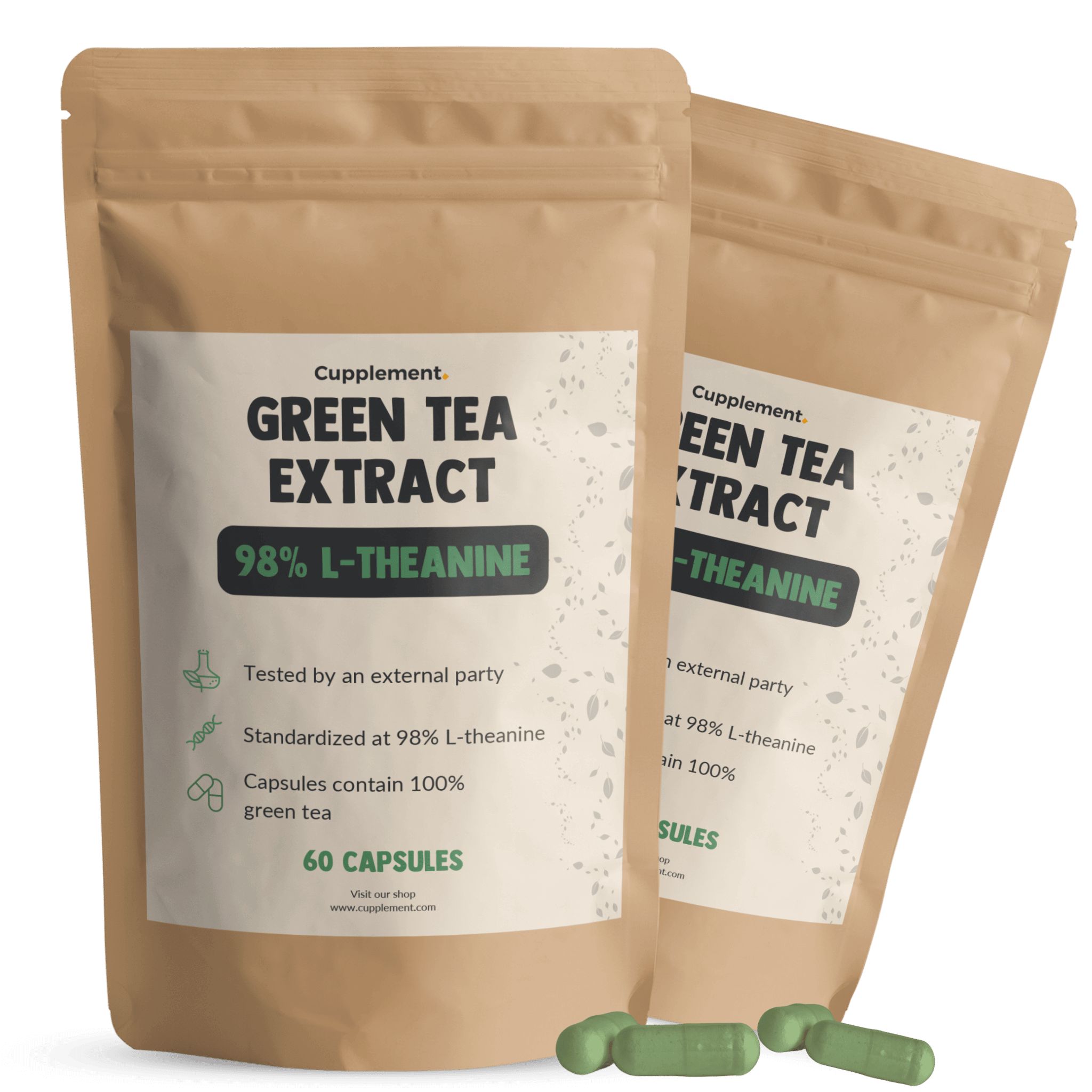 Twee zakjes groene thee extract capsules. Opschrift: Green Tea Extract, 98% L-Theanine. 60 capsules. Groene capsules ernaast.