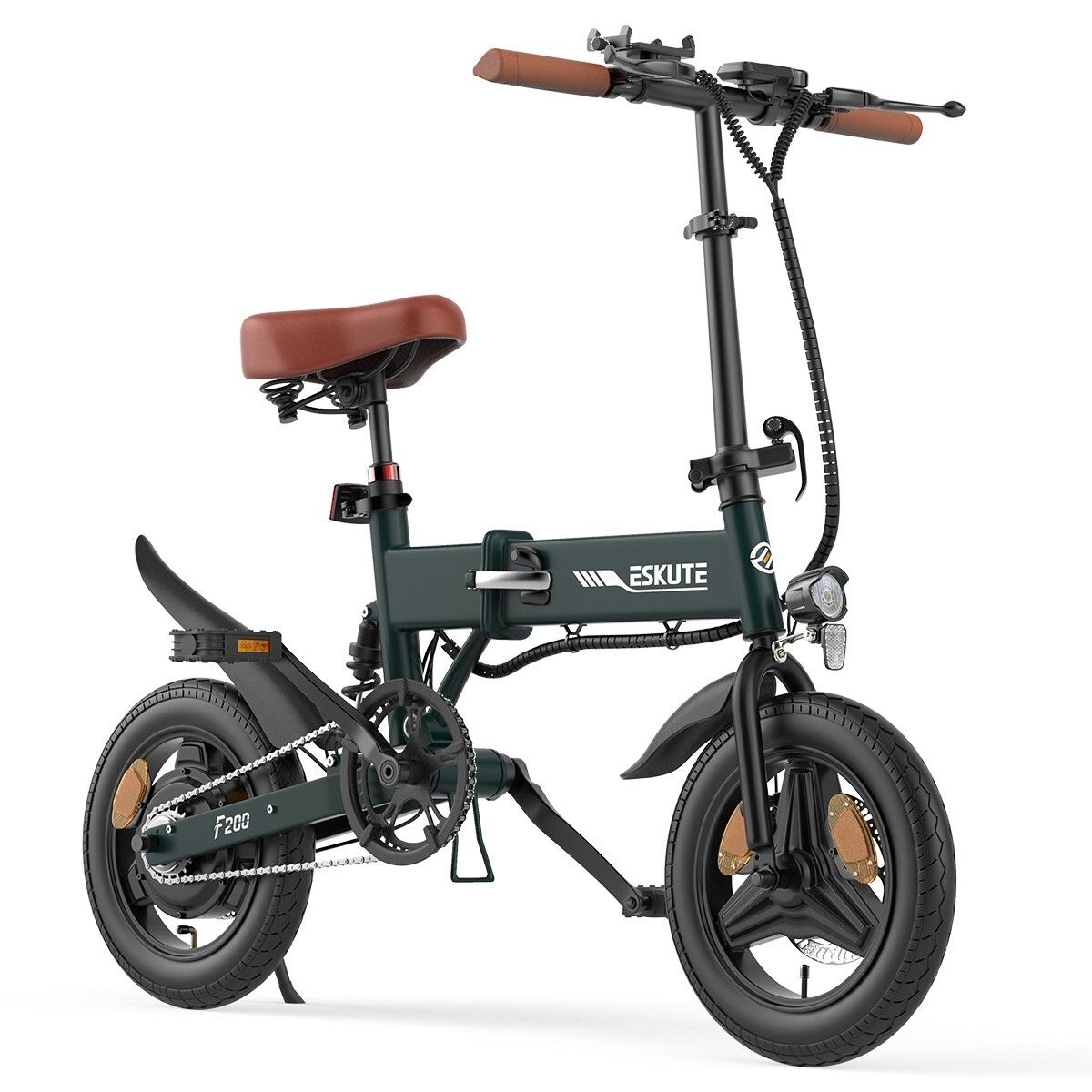 ESKUTE F200 e-bike, groen, opgevouwen. Bruin zadel en handvatten. Zwarte spatborden en banden. Schijfremmen.