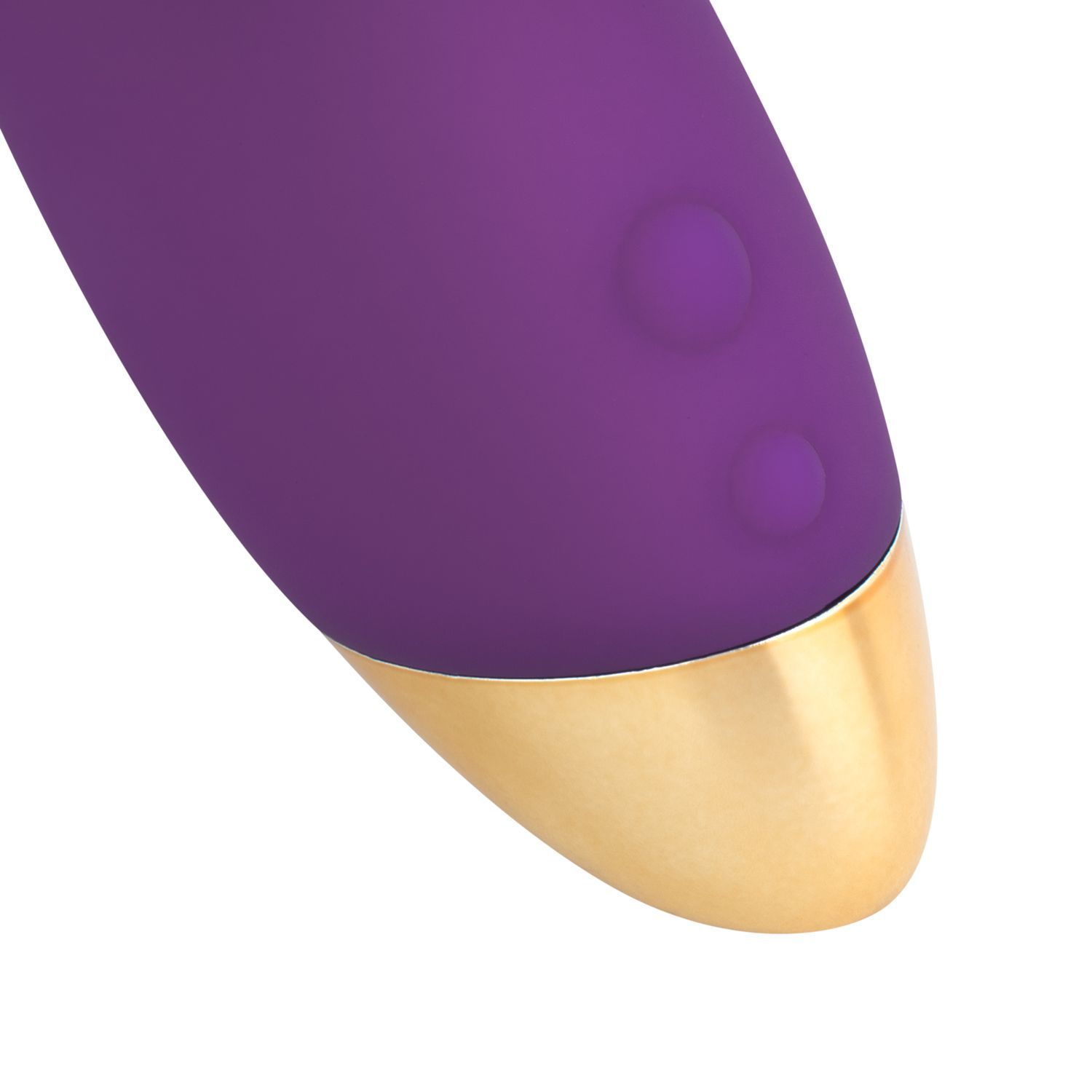 Gros plan des commandes et de l'embout doré d'un vibrateur violet.