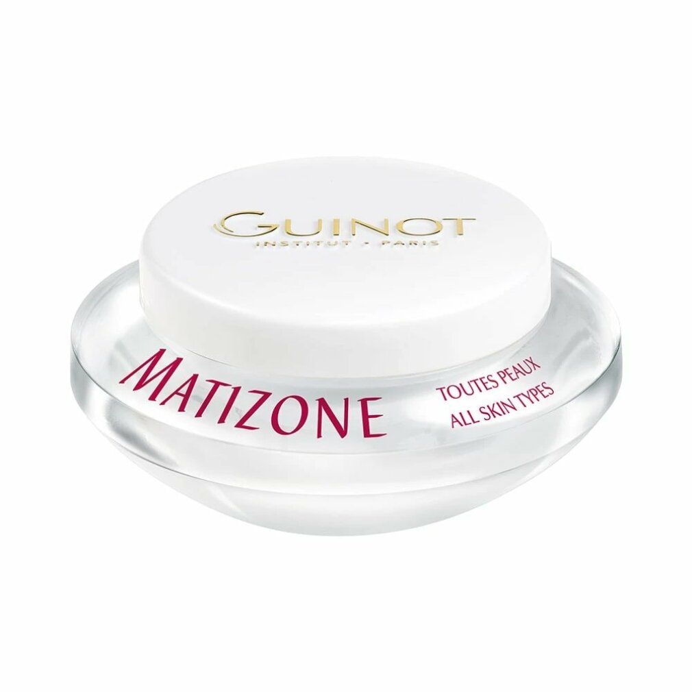 Witte pot met deksel. "GUINOT" op de deksel. "Matizone" op de pot.