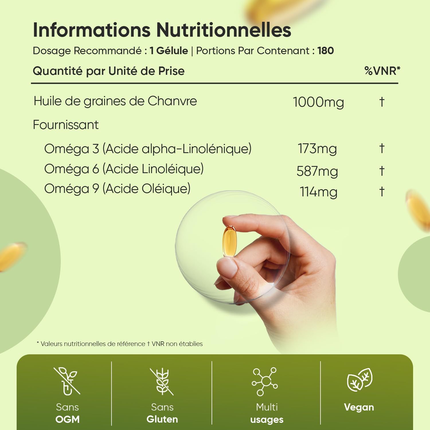 Bouteille de WeightWorld Huile de Chanvre (Vegan) avec étiquette indiquant 180 gélules molles et 1000mg.