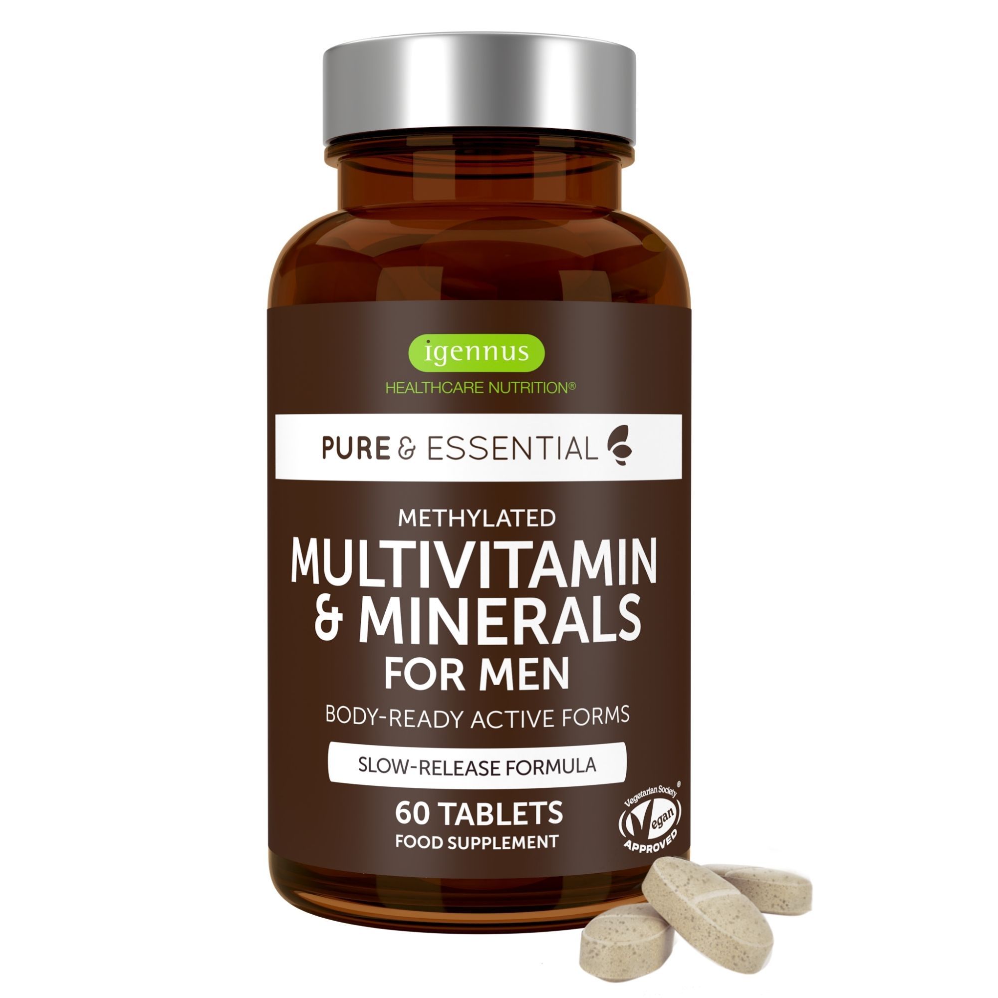 Flacon en verre brun de Igennus Multivitamines Méthylées pour Hommes, 60 comprimés.