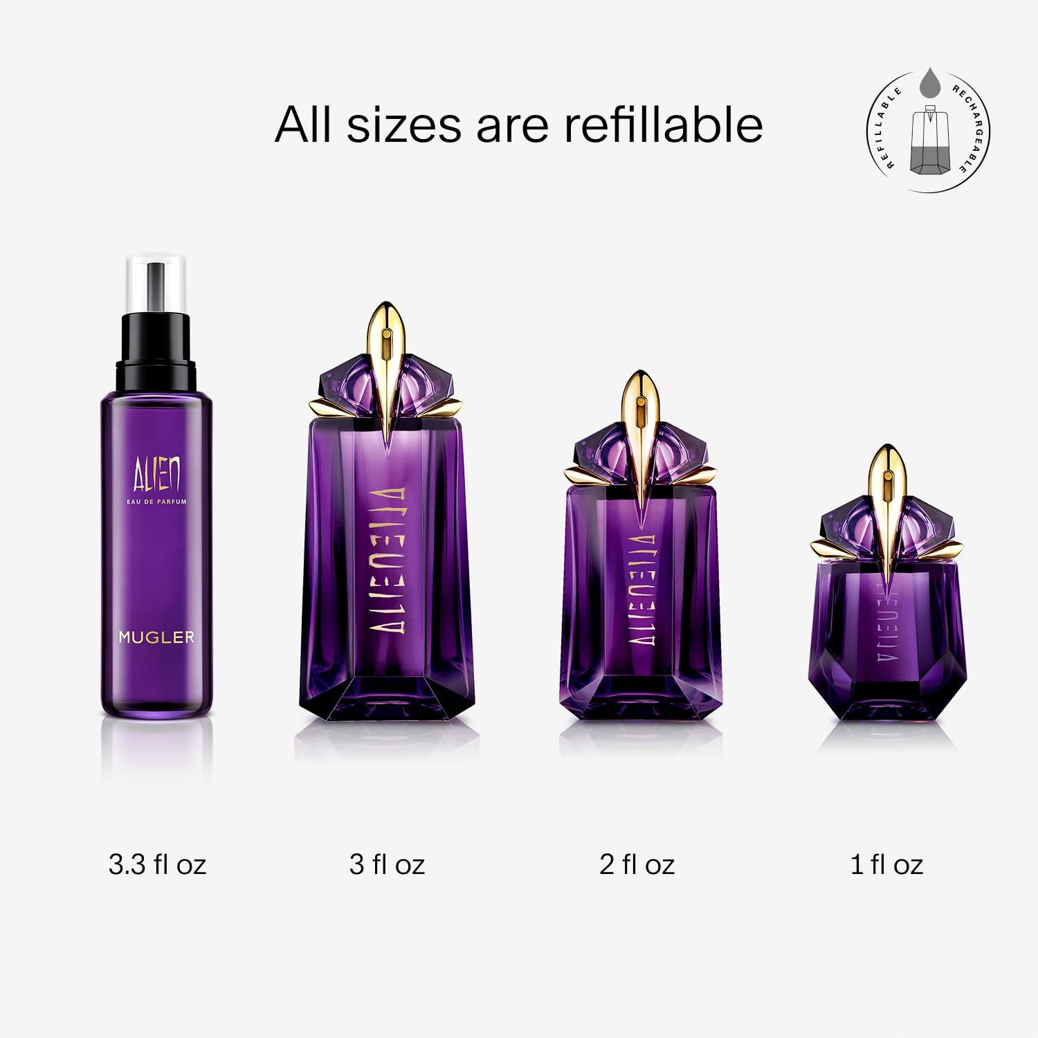 Vier flaconformaten: 3.3 fl oz, 3 fl oz, 2 fl oz, 1 fl oz. Allemaal navulbaar.