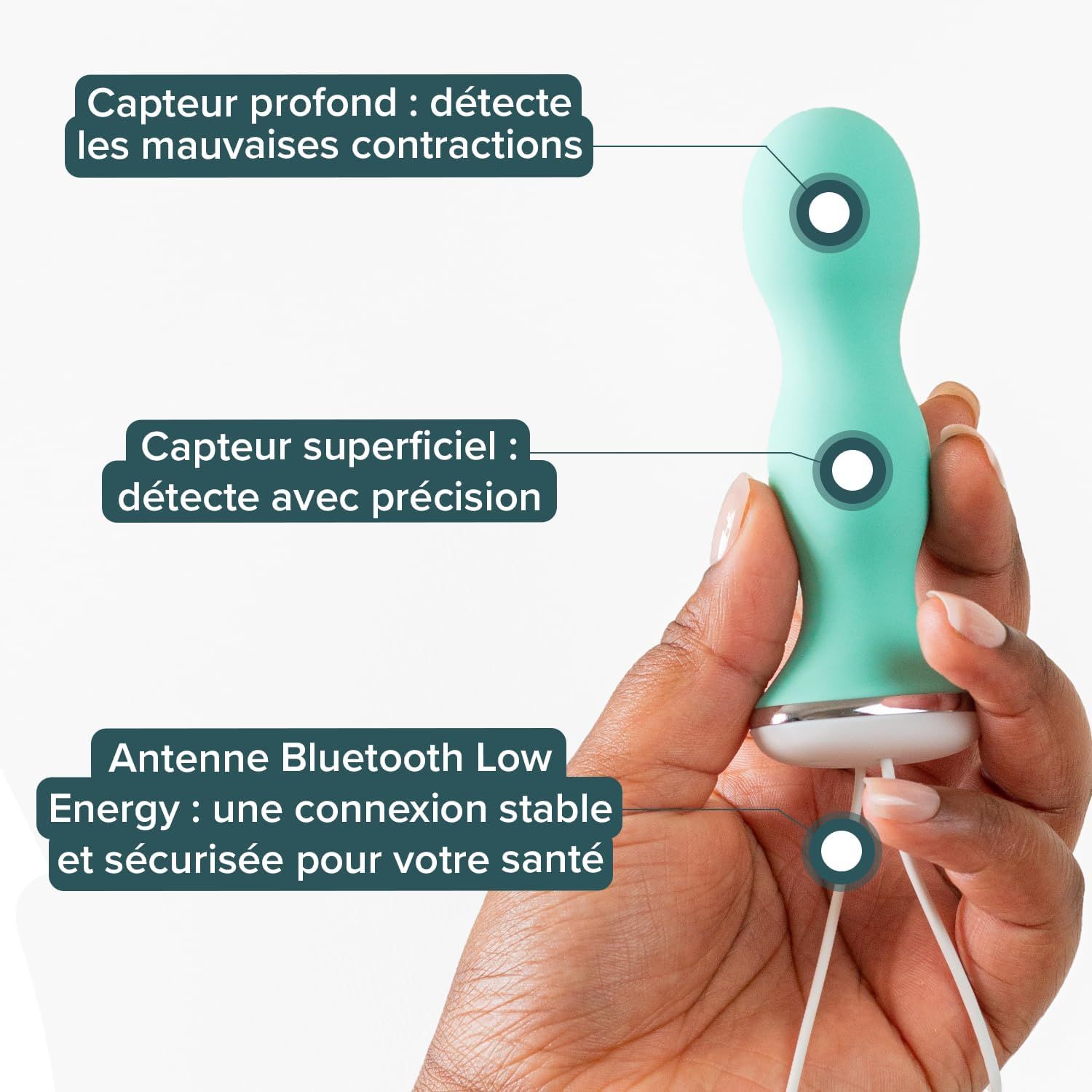 Gros plan du stimulateur périnéal Perifit Care avec capteurs et antenne Bluetooth.