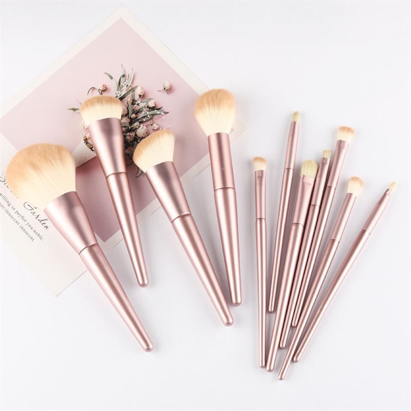 Make-up kwastenset. Roze handvatten, lichte borstelharen. Verschillende vormen en maten. Op witte achtergrond.
