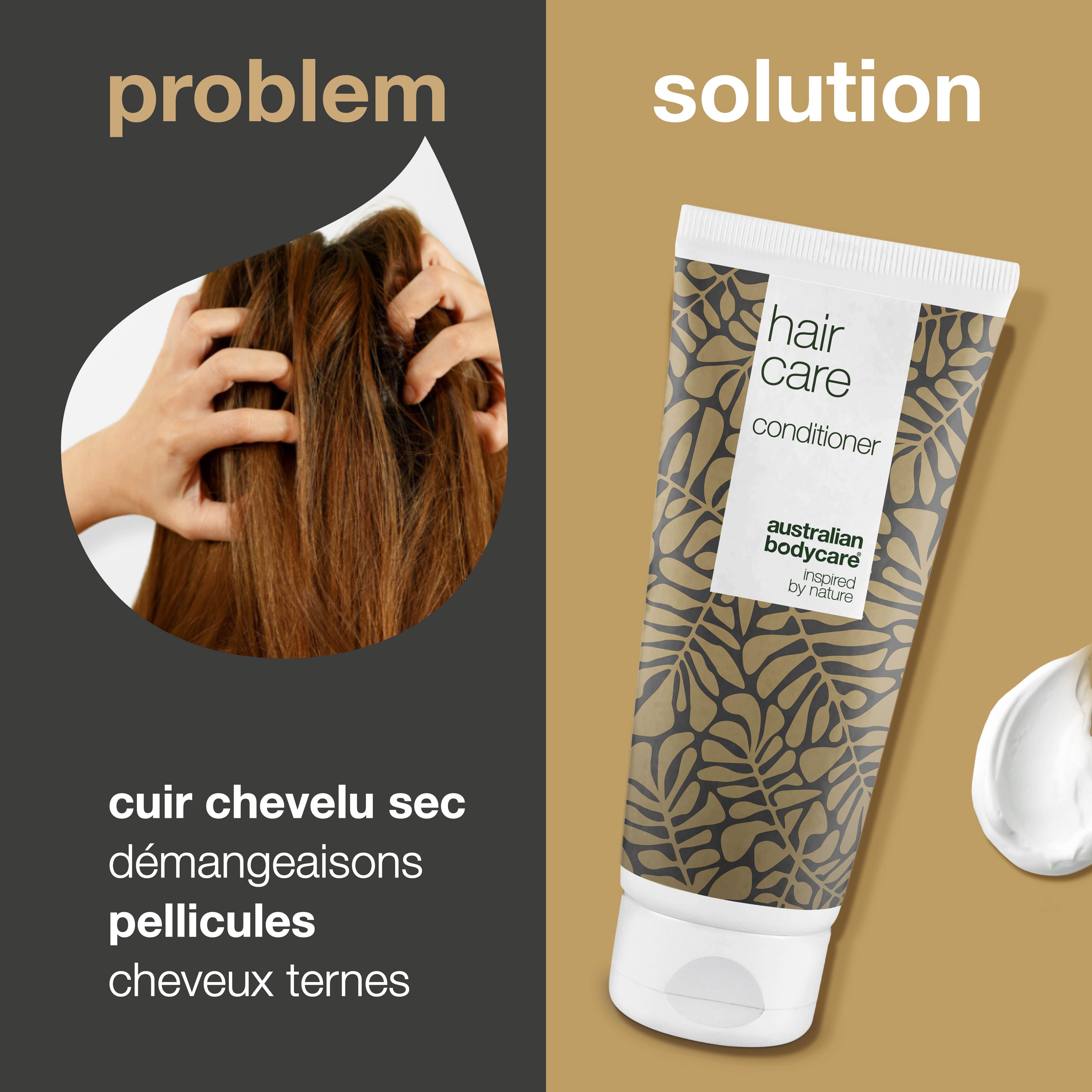 Concept problème-solution. Cheveux secs et un tube de revitalisant capillaire. Inscription : Hair Care, Conditioner, Australian Bodycare.