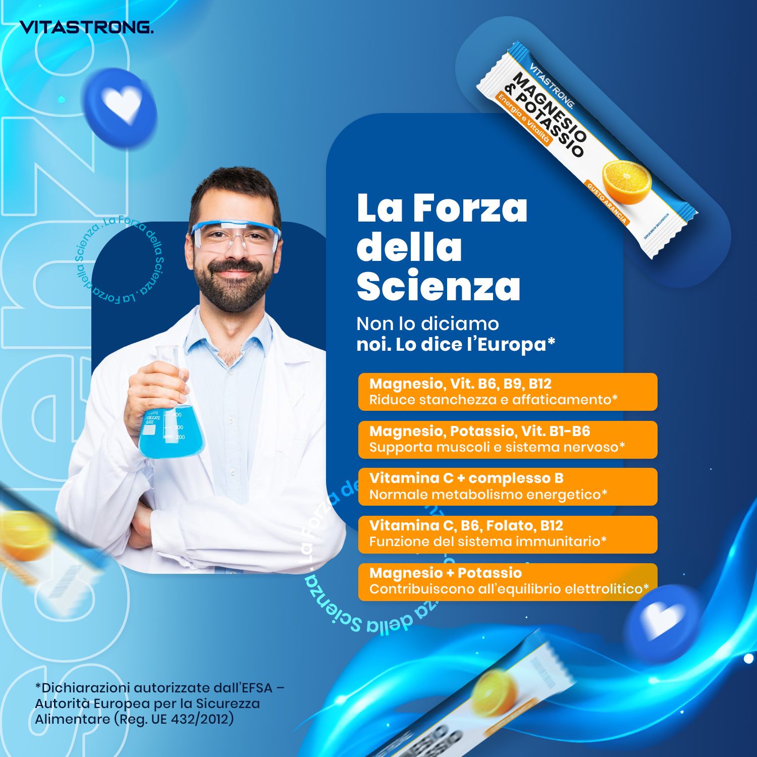 Vitastrong Magnesium & Kalium stick. Wetenschapper met bril en reageerbuis. Tekst: La Forza della Scienza. Met iconen.