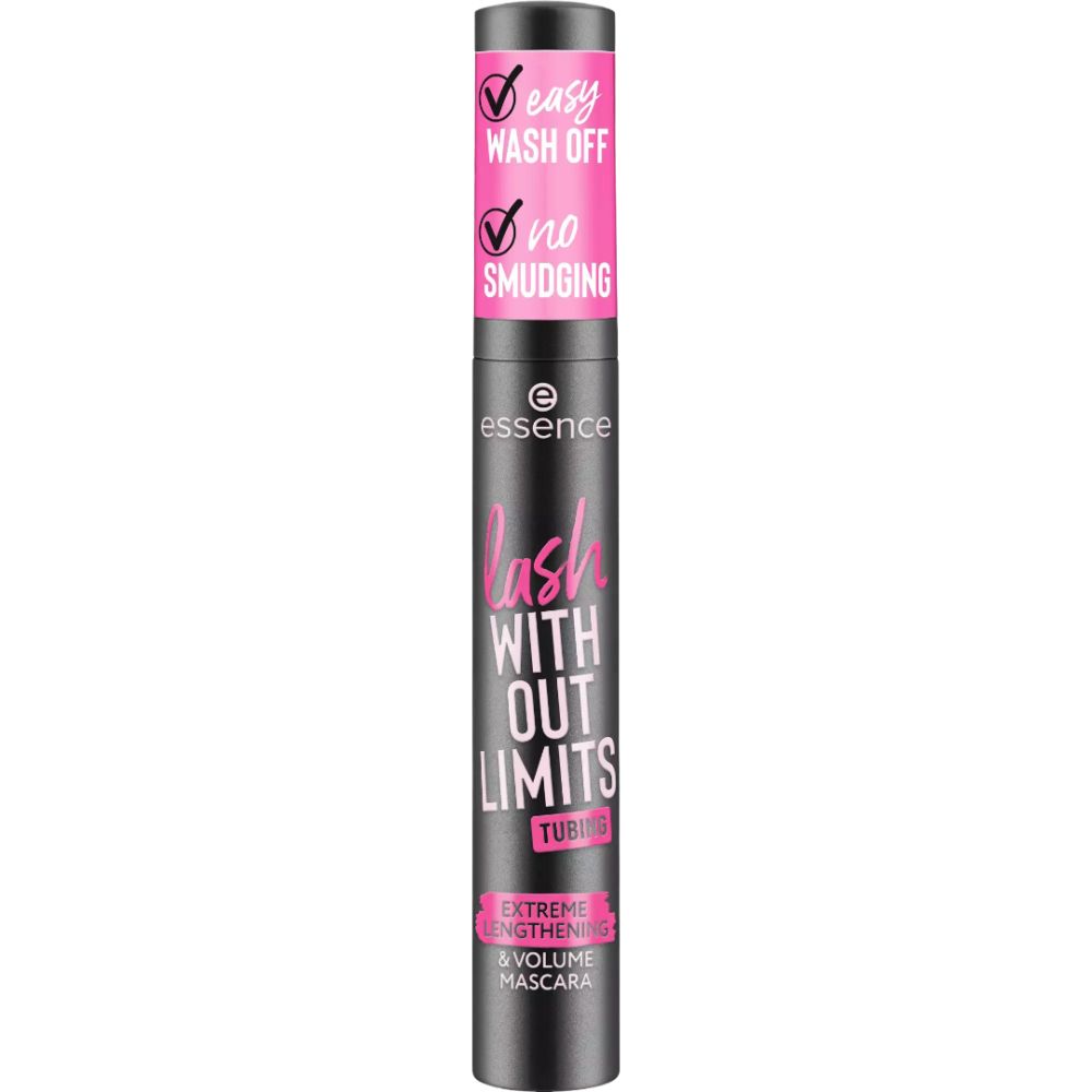 Tube de mascara noir avec texte rose. Marque : Essence. Texte : Lash Without Limits Tubing. Extreme Lengthening & Volume Mascara.