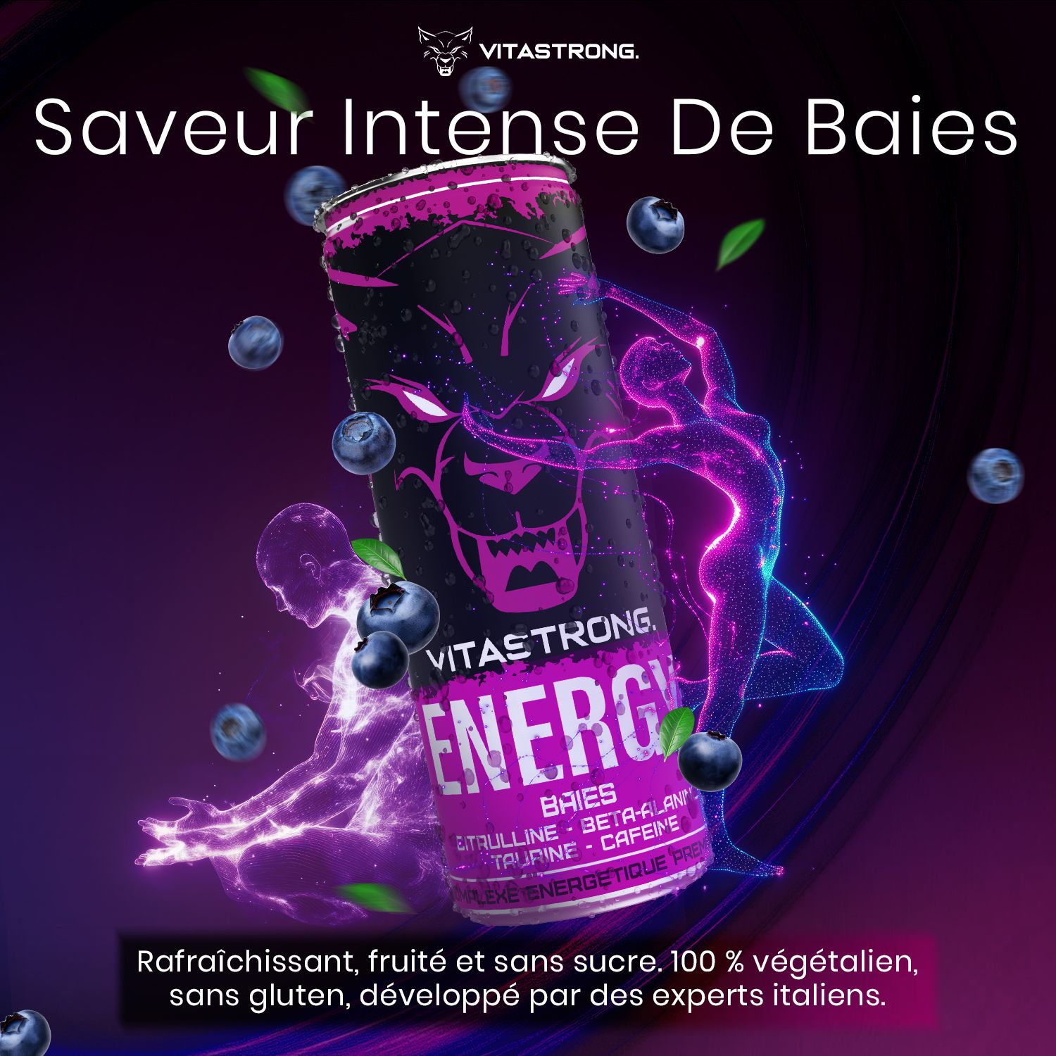 Canette Vitastrong Energy Berries, baies bleues, texte. Saveur intense de baies, végétalien, sans gluten.