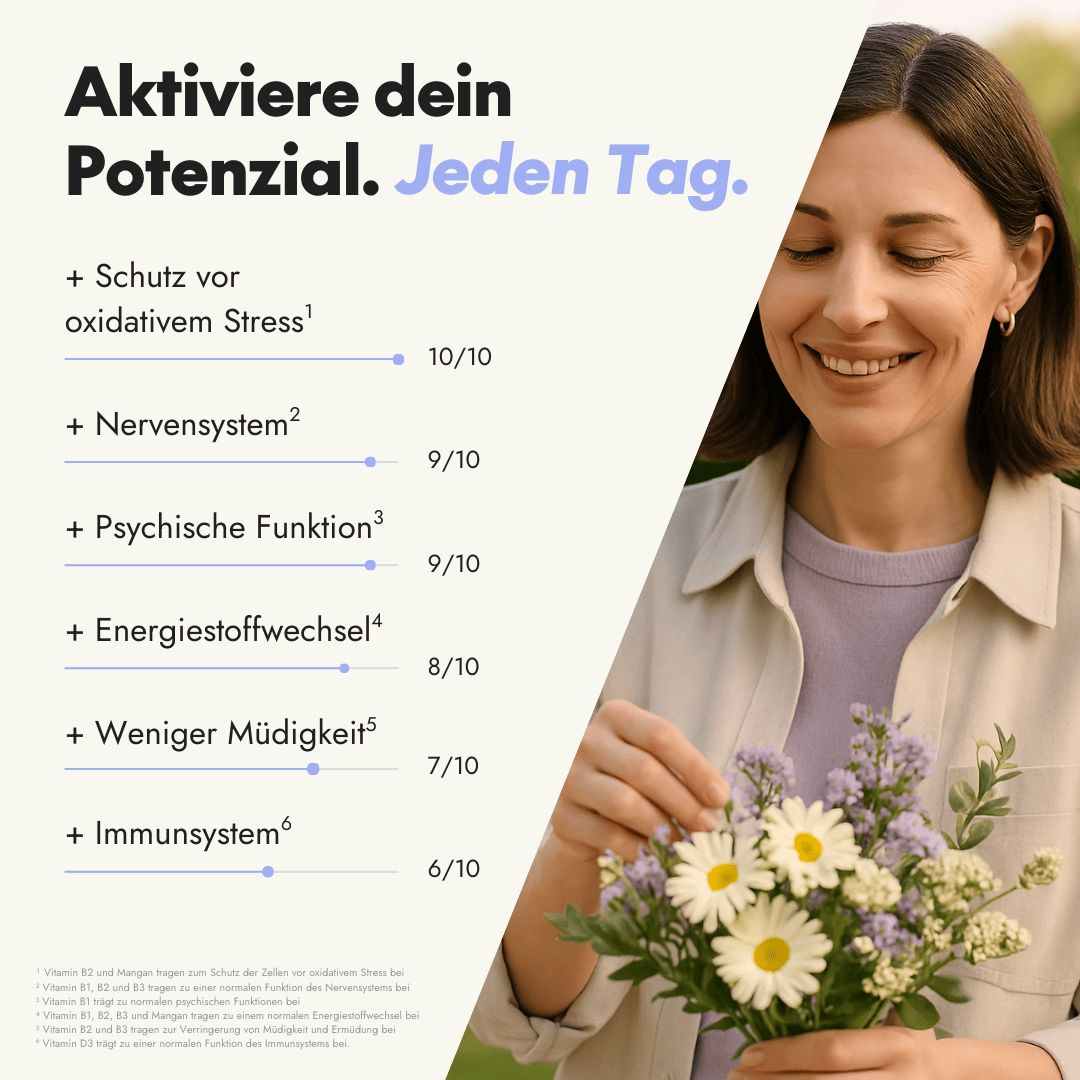 Vrouw met boeket. Tekst: Activeer je potentieel. Elke dag. + Bescherming tegen oxidatieve stress, zenuwstelsel, psychische functie.