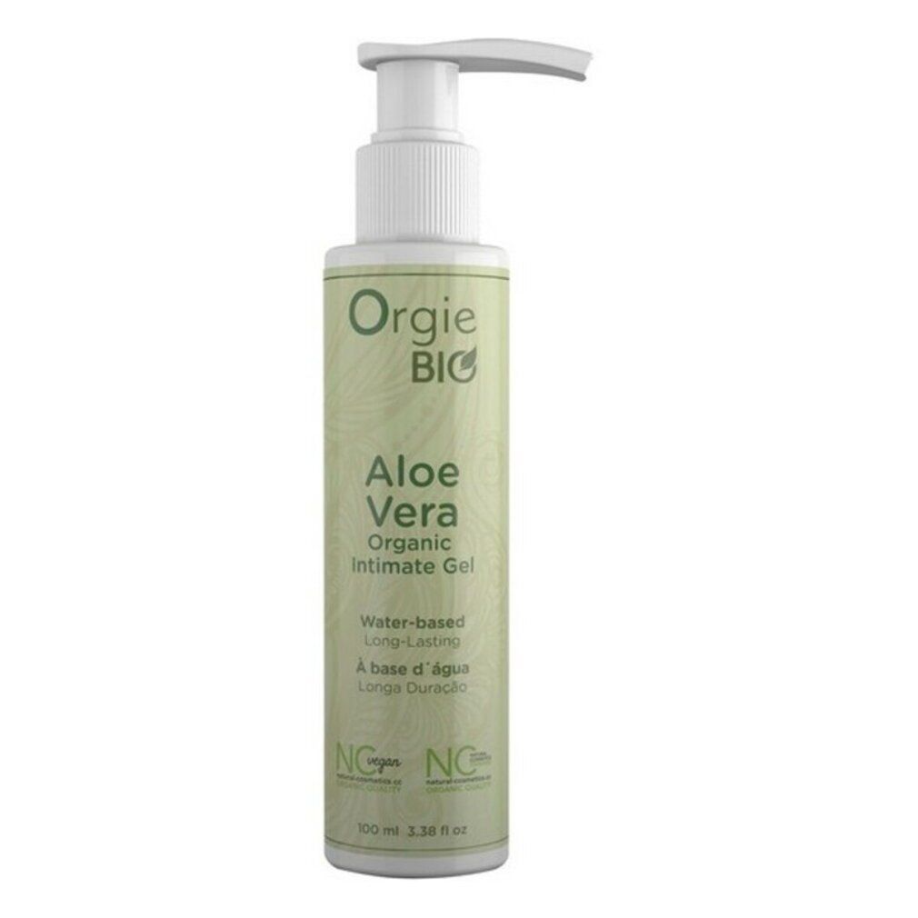 Fles met pomp. Opschrift: Orgie BIO Aloe Vera Organic Intimate Gel. Op waterbasis, langdurig.