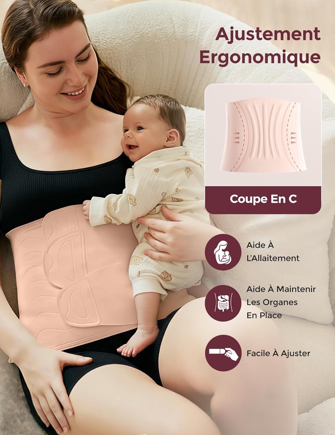 Une ceinture abdominale couleur chair avec un ajustement ergonomique et une coupe en C pour le soutien post-partum.