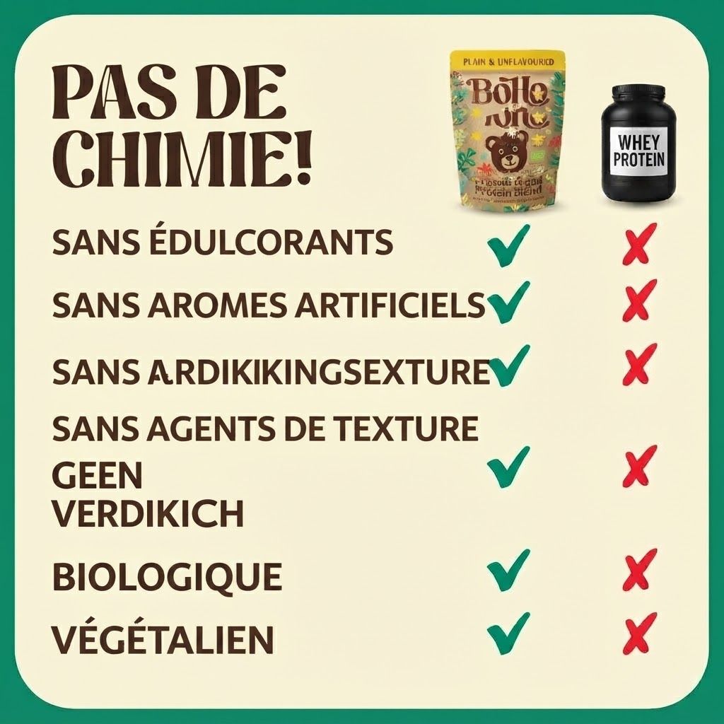 Liste des ingrédients : protéine bio de pois, courge, noix de coco, baobab, tournesol, lin, chia, cacao, cannelle, curcuma. Bio, vegan, sans gluten.