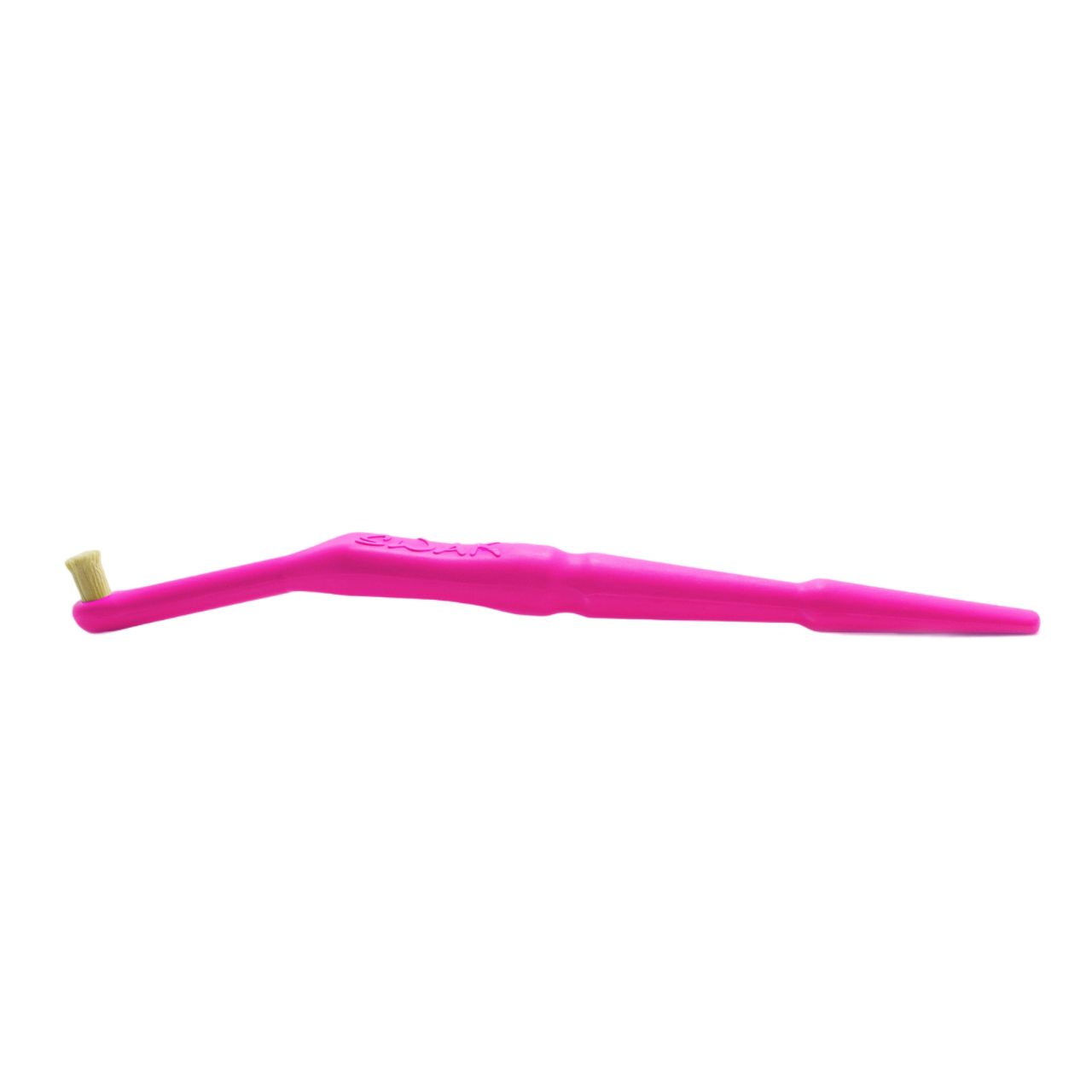 Brosse à dents rose avec tête de brosse claire. La poignée est incurvée.
