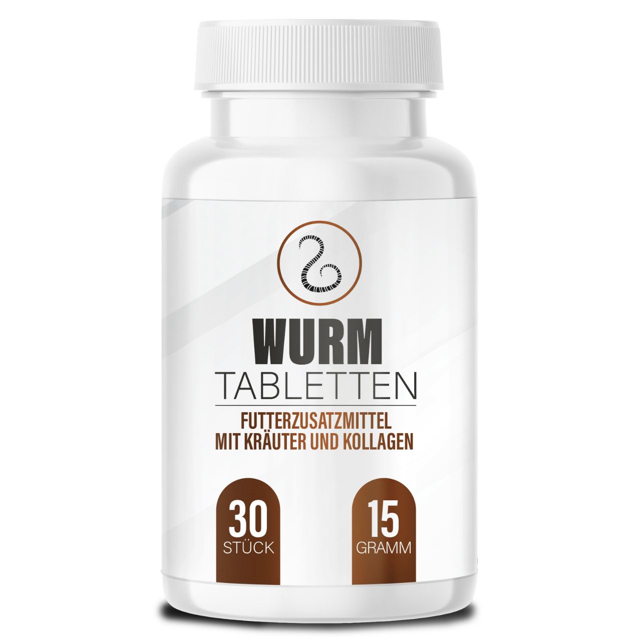Witte fles met dop. Opschrift: WURM TABLETTEN, voedingssupplement. 30 stuks, 15 gram.