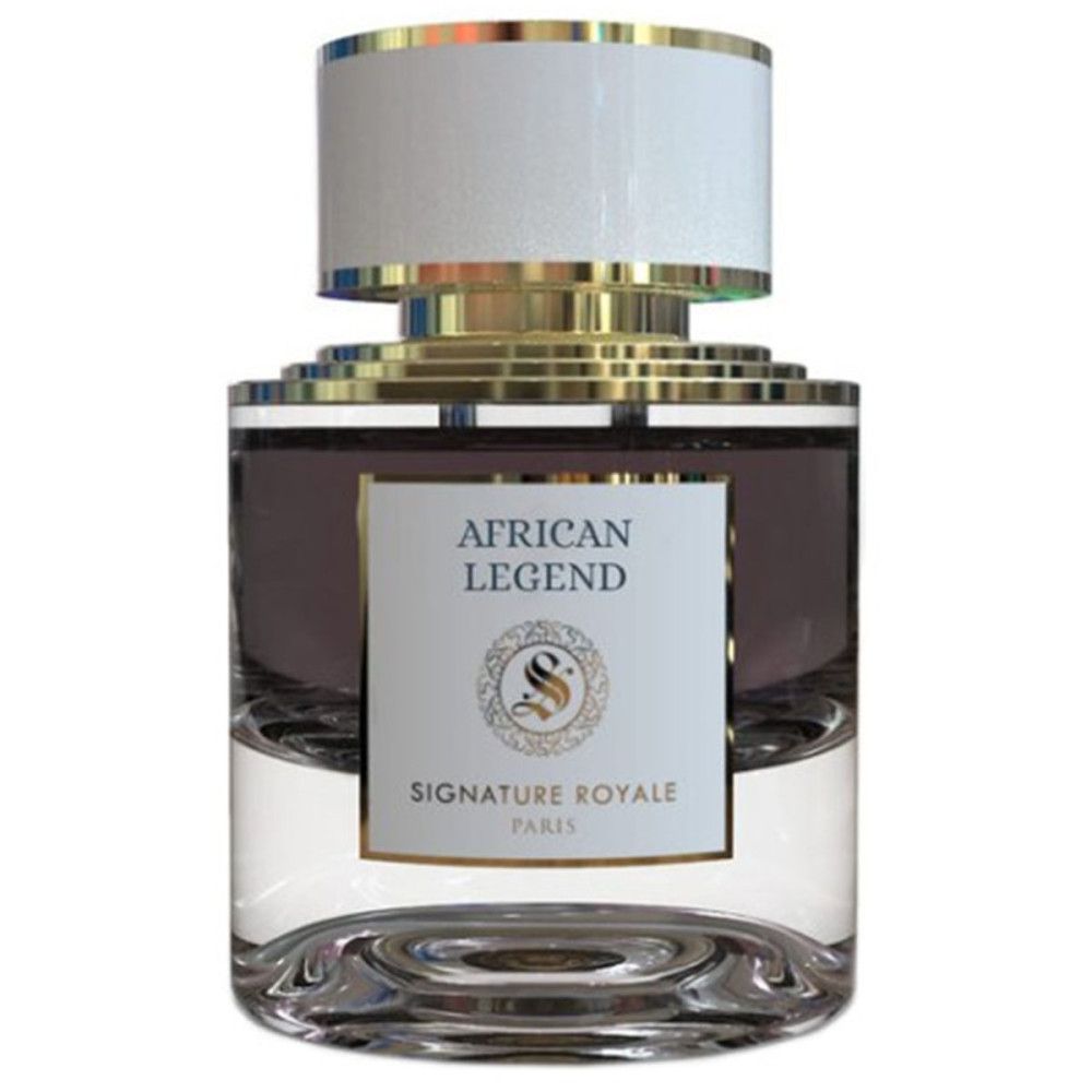 Parfumextract African Legend. Transparante fles met witte dop, gouden elementen en etiket.