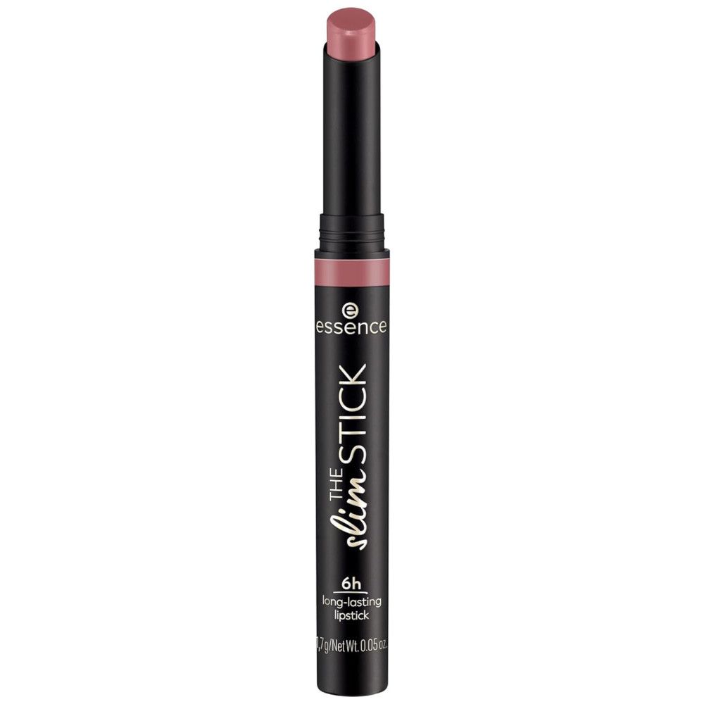 Rouge à lèvres The Slim Stick noir et rose. Marque Essence. Texte: 6h long-lasting lipstick.