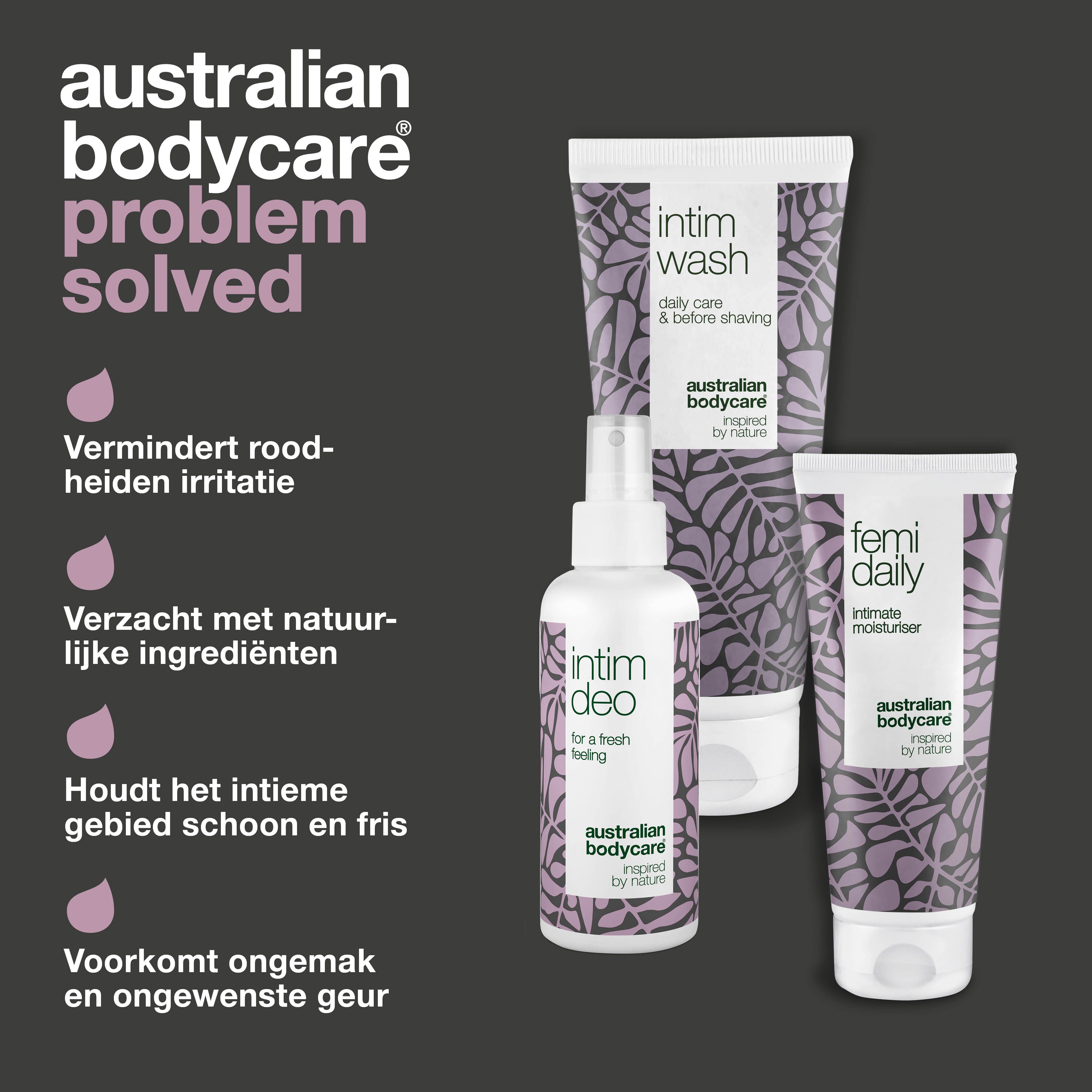 Grafiek: Australian Bodycare probleem opgelost. Producten: Intim Wash, Femi Daily, Intim Deo. Voordelen: vermindert roodheid, verzacht, houdt fris.