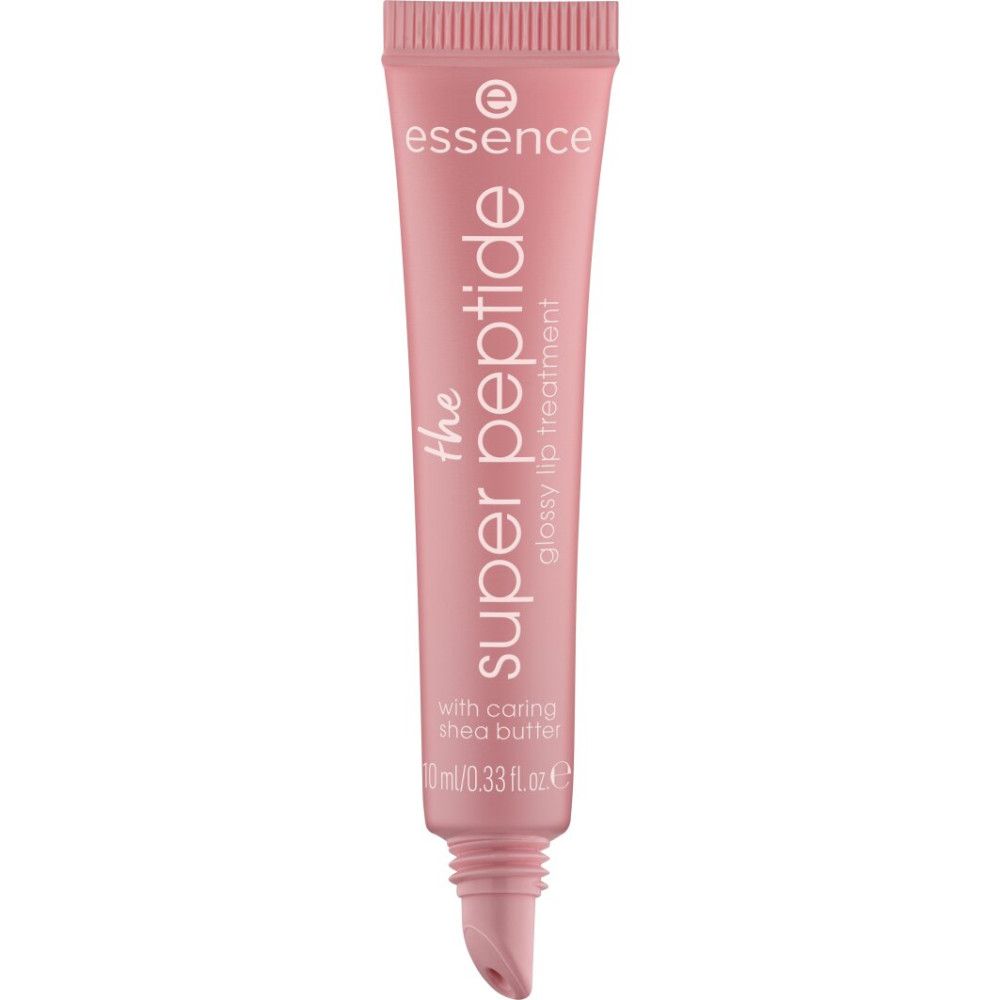Tube de baume à lèvres rose avec l'inscription "the super peptide glossy lip treatment". Marque Essence.